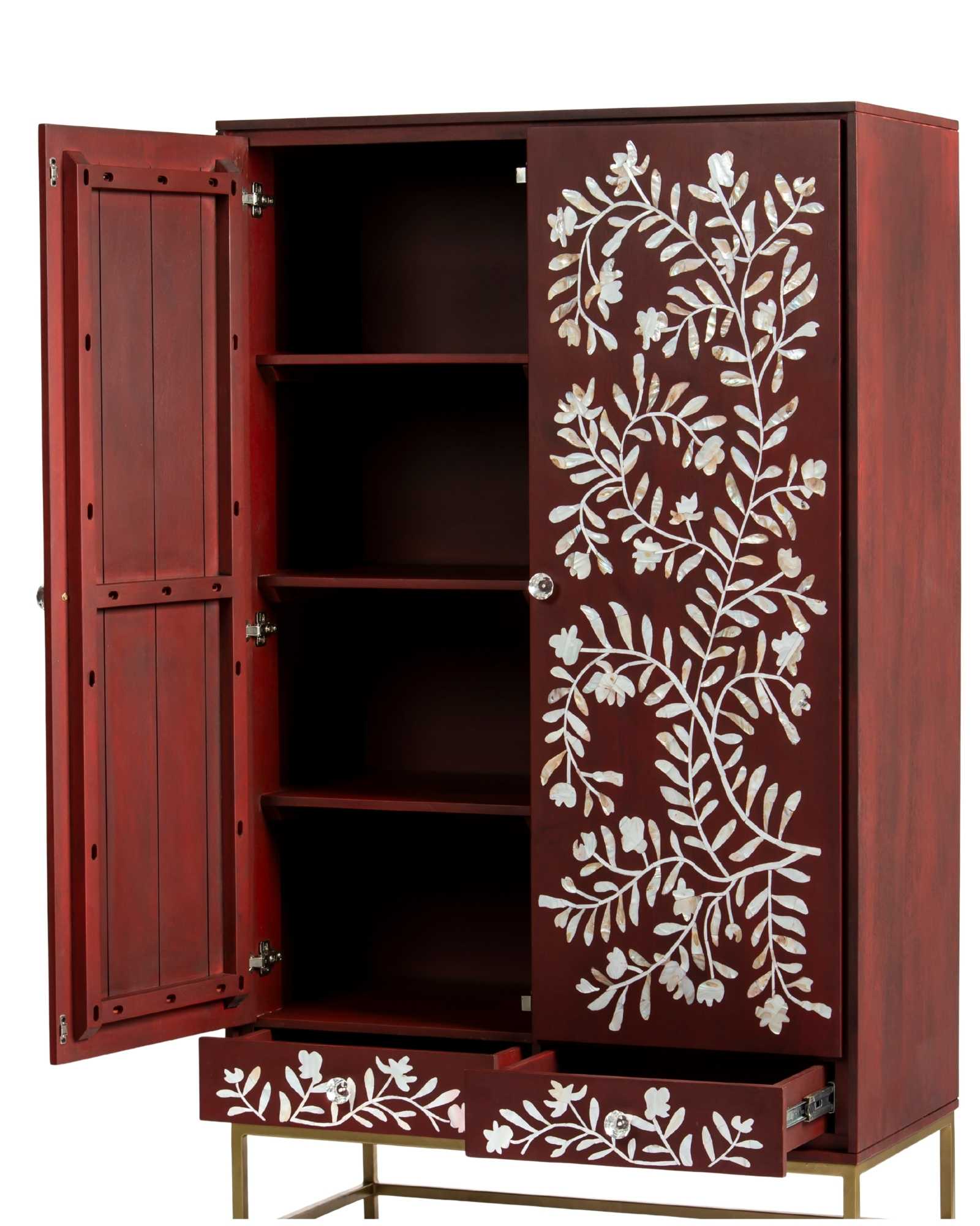 Mother of pearl inlay cabinet featuring intricate floral vine pattern in burgundy and white, handcrafted furniture piece.