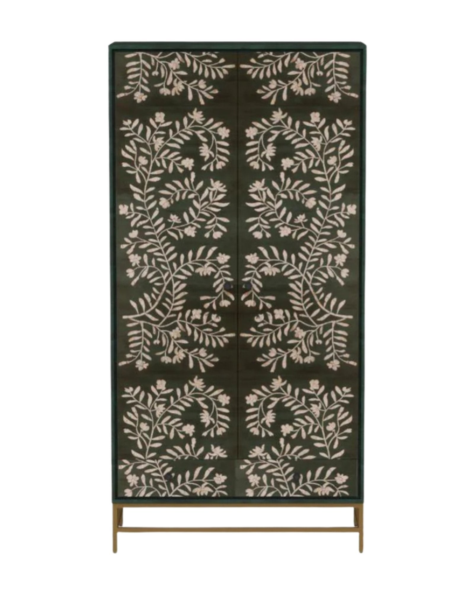 Handcrafted tall cabinet with floral mother of pearl inlay, two doors, and ample storage for use as a wardrobe or shoe cabinet.