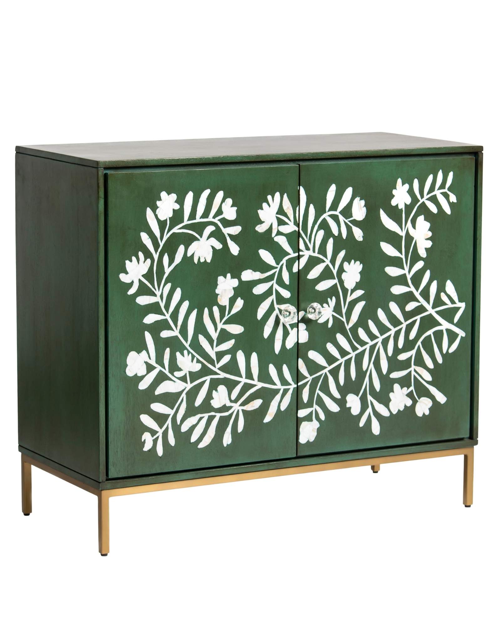 Mother of pearl inlay cabinet featuring intricate floral vine pattern in green and white, handcrafted furniture piece.