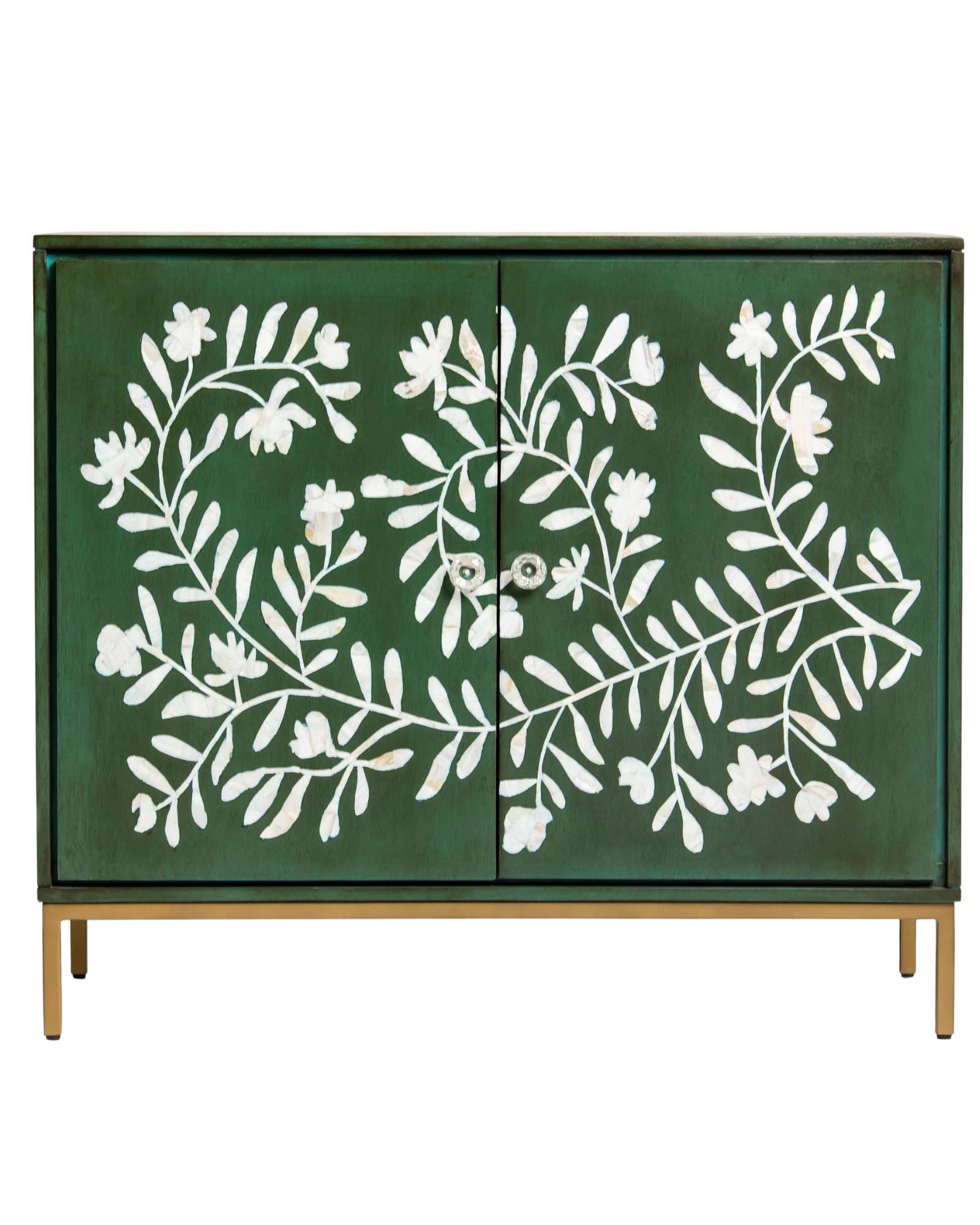 Mother of pearl inlay cabinet featuring intricate floral vine pattern in green and white, handcrafted furniture piece.