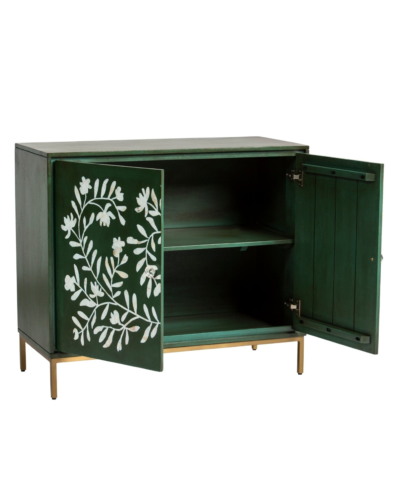 Mother of pearl inlay cabinet featuring intricate floral vine pattern in green and white, handcrafted furniture piece.