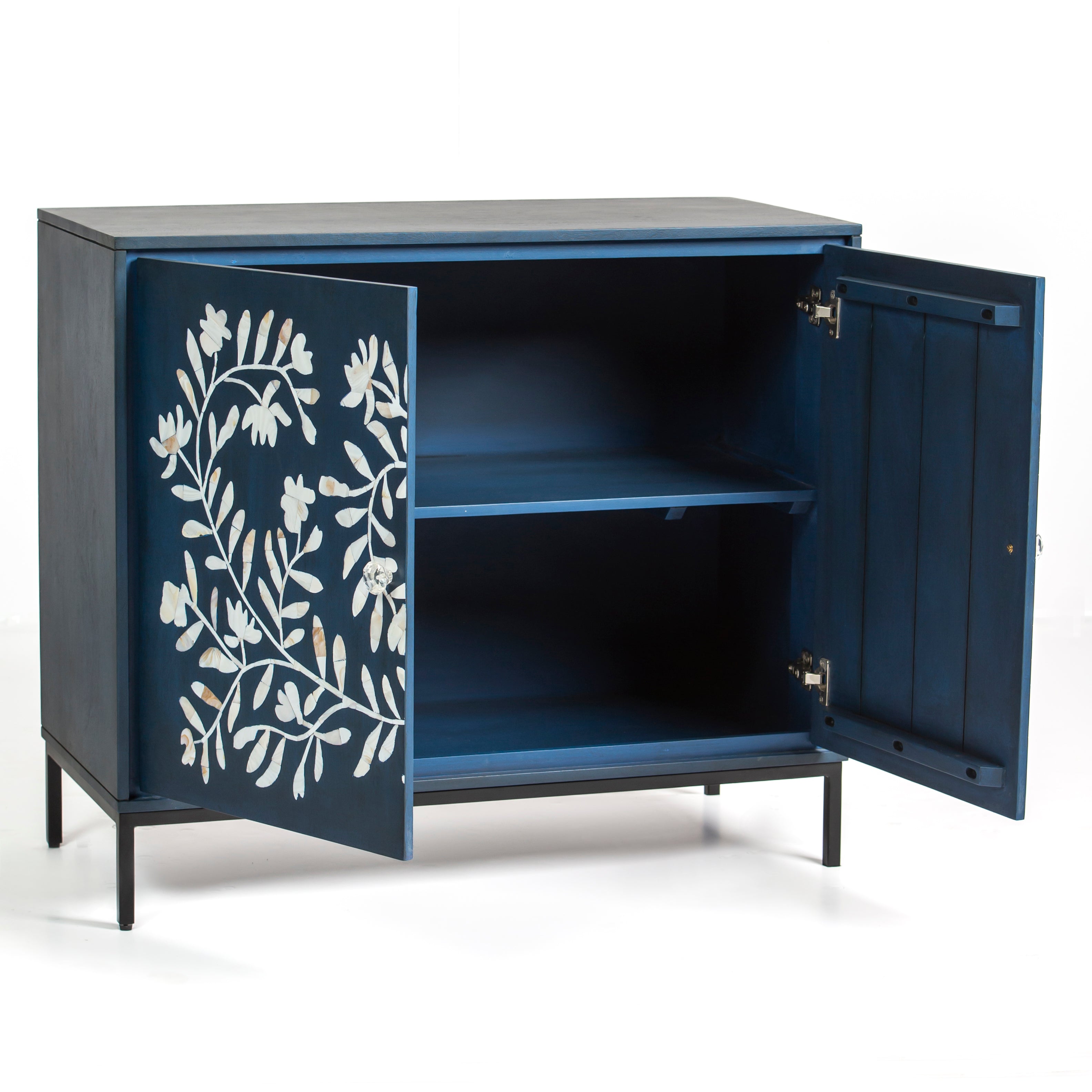 Mother of pearl inlay cabinet featuring intricate floral vine pattern in burgundy and white, handcrafted furniture piece