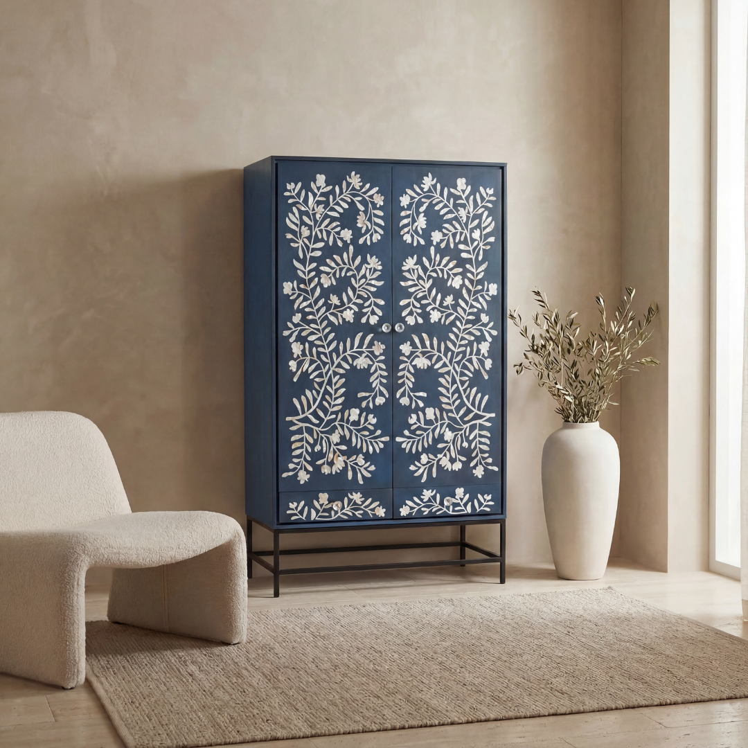 Mother of pearl inlay cabinet featuring intricate floral vine pattern in blue and white, handcrafted furniture piece