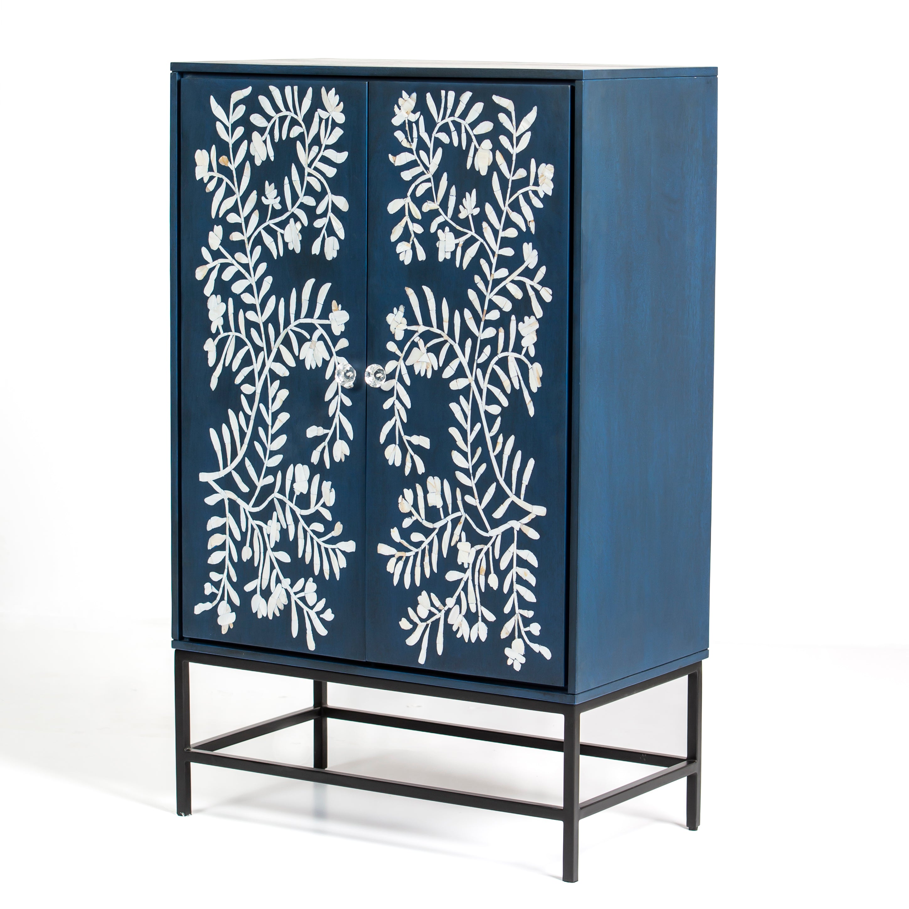Mother of pearl inlay cabinet featuring intricate floral vine pattern in blue and white, handcrafted furniture piece
