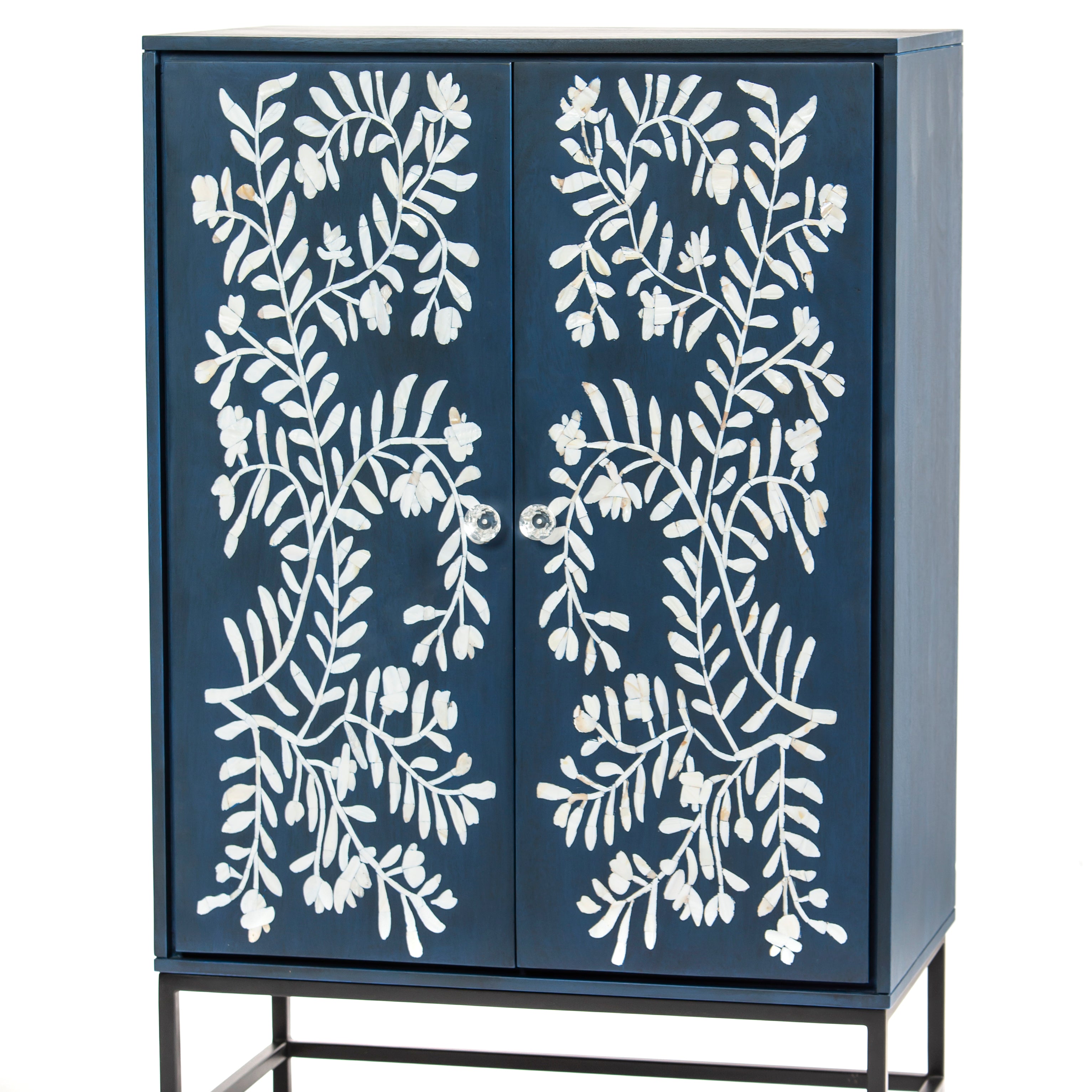 Mother of pearl inlay cabinet featuring intricate floral vine pattern in blue and white, handcrafted furniture piece
