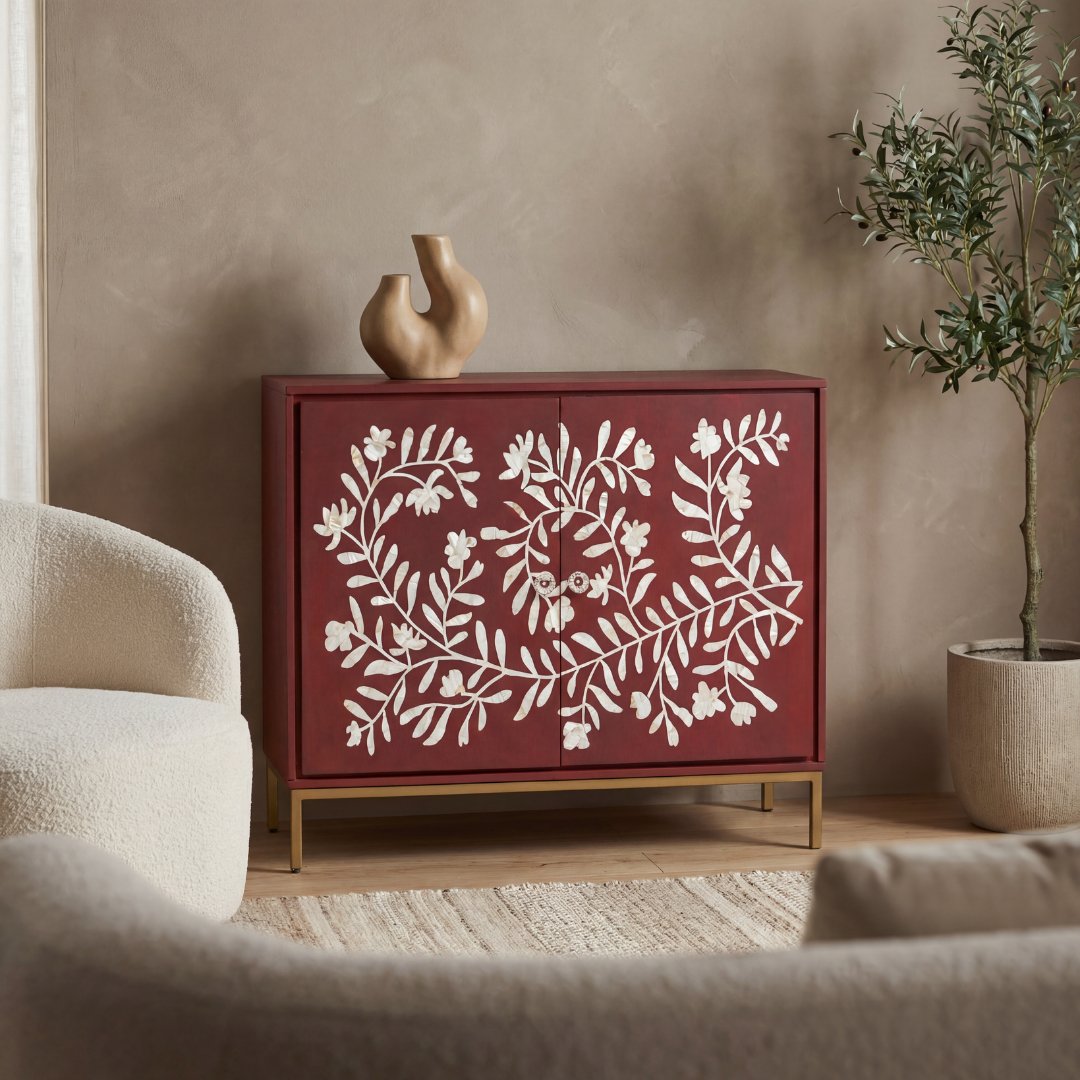Mother of pearl inlay cabinet featuring intricate floral vine pattern in burgundy and white, handcrafted furniture piece