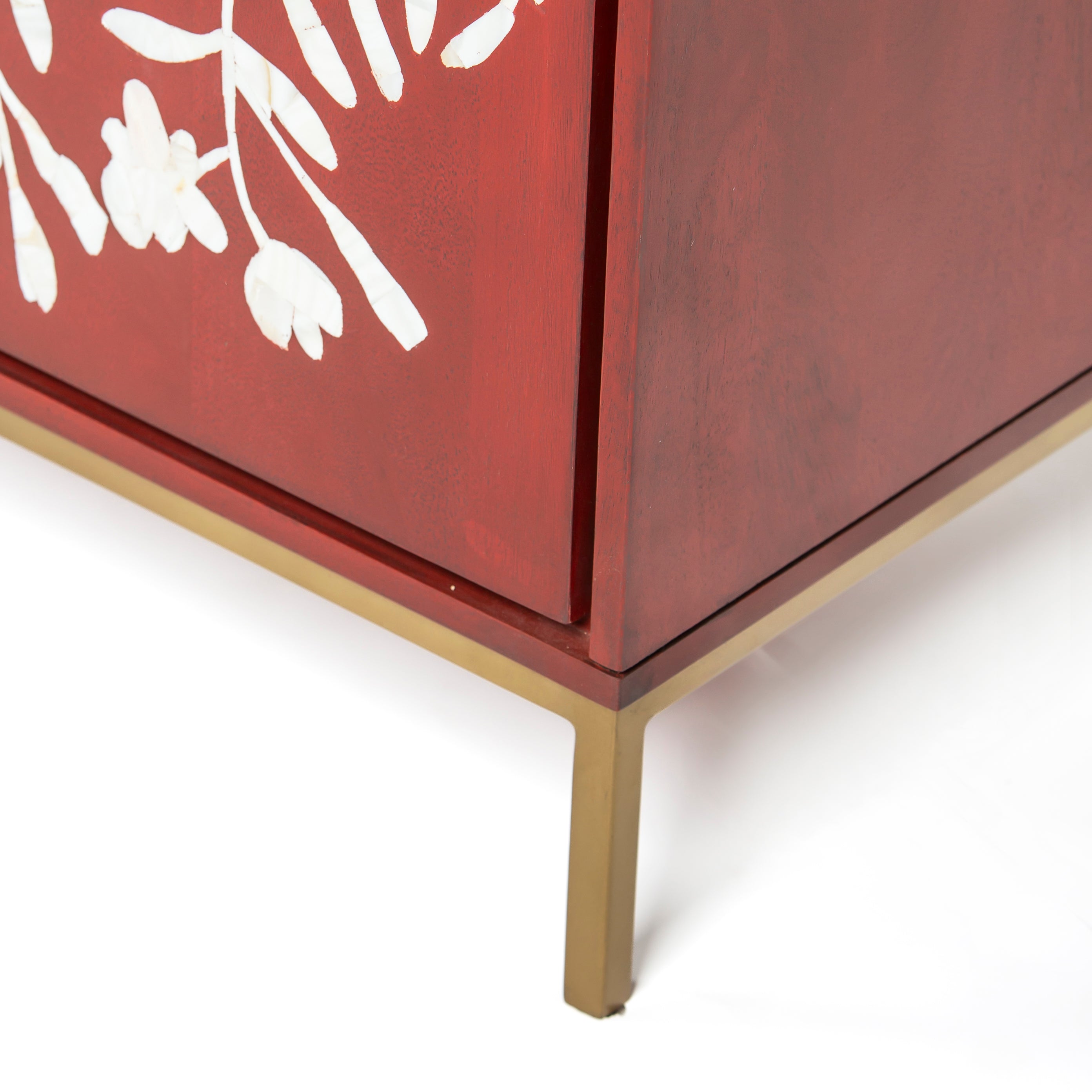 Mother of pearl inlay cabinet featuring intricate floral vine pattern in burgundy and white, handcrafted furniture piece