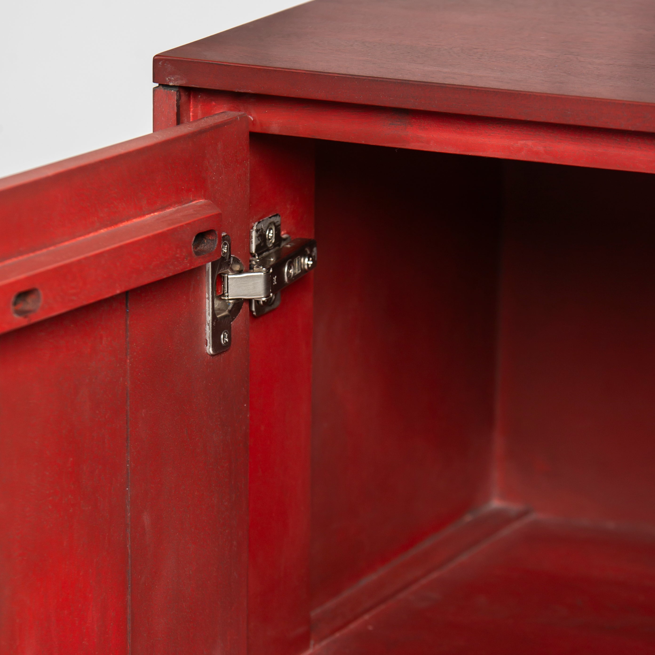 Mother of pearl inlay cabinet featuring intricate floral vine pattern in burgundy and white, handcrafted furniture piece