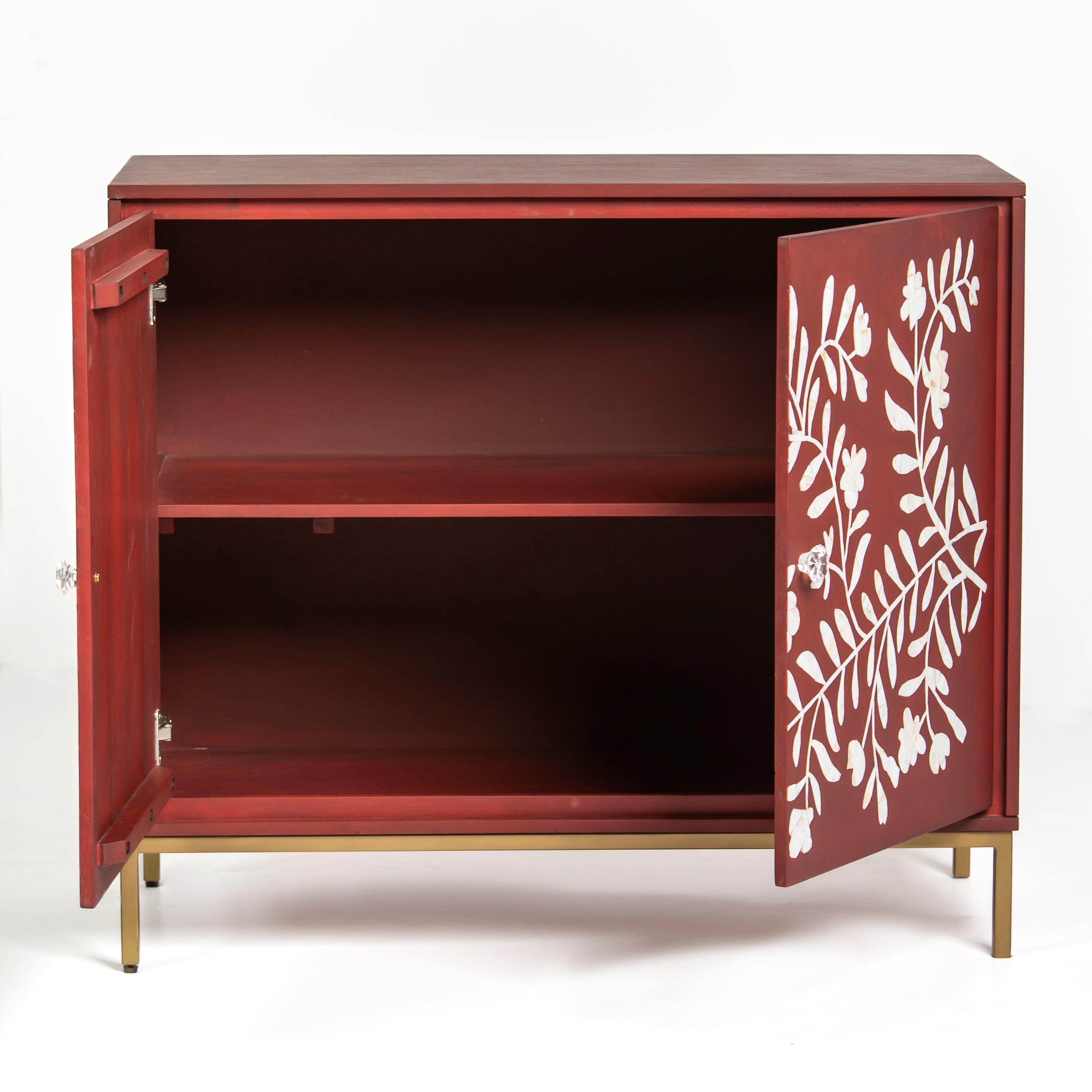 Mother of pearl inlay cabinet featuring intricate floral vine pattern in burgundy and white, handcrafted furniture piece