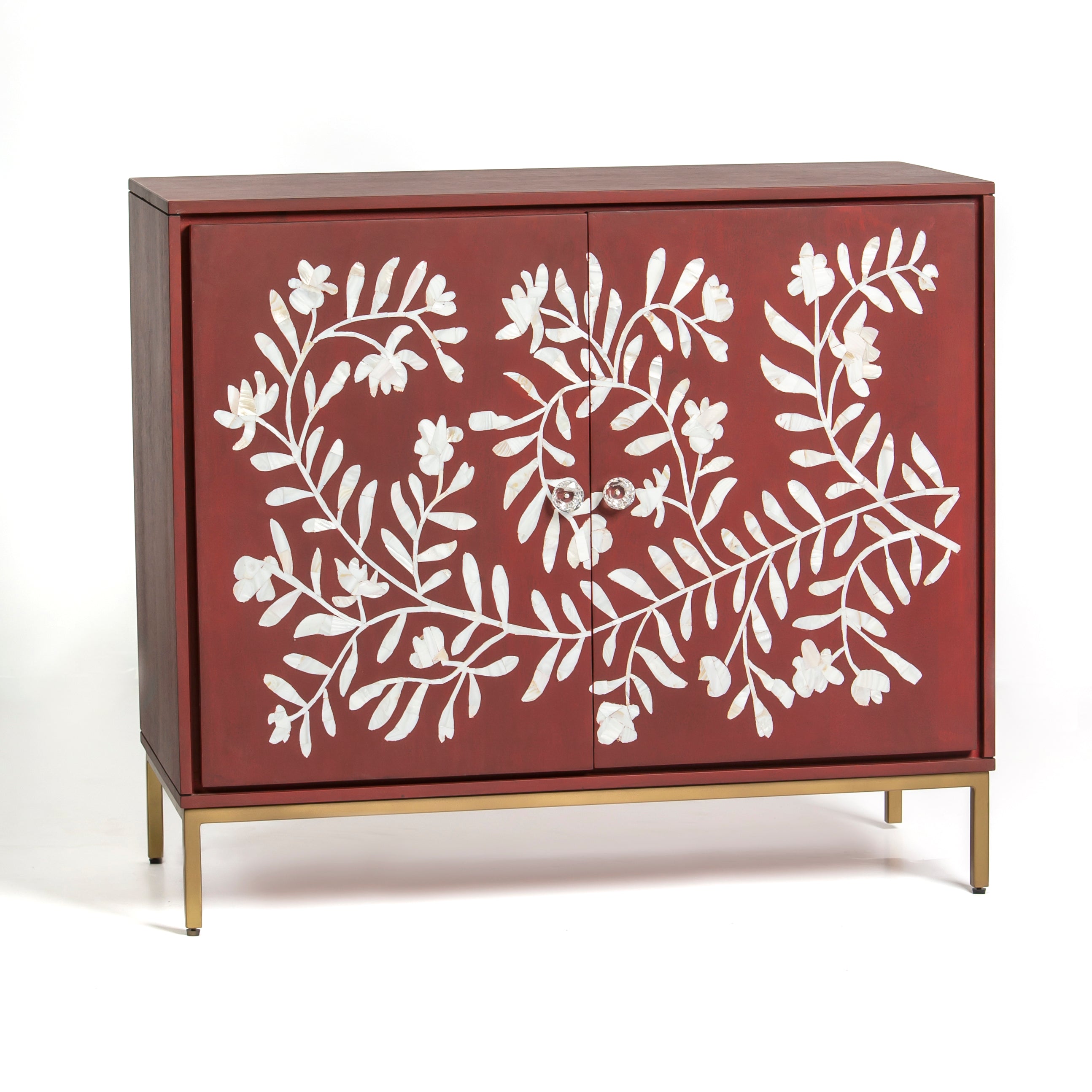 Mother of pearl inlay cabinet featuring intricate floral vine pattern in burgundy and white, handcrafted furniture piece