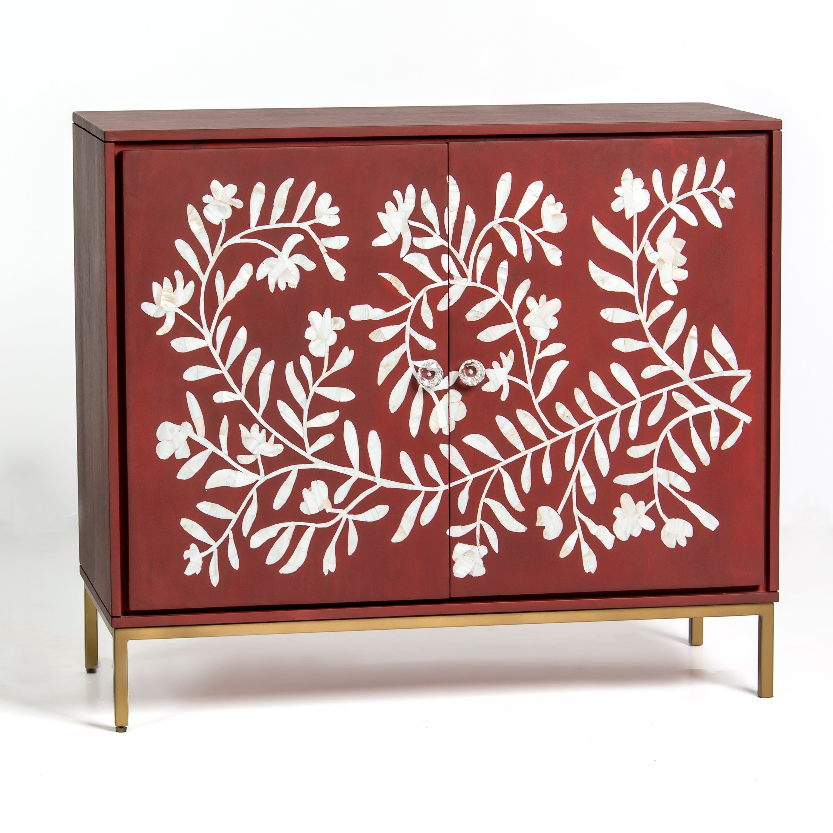 Mother of pearl inlay cabinet featuring intricate floral vine pattern in burgundy and white, handcrafted furniture piece