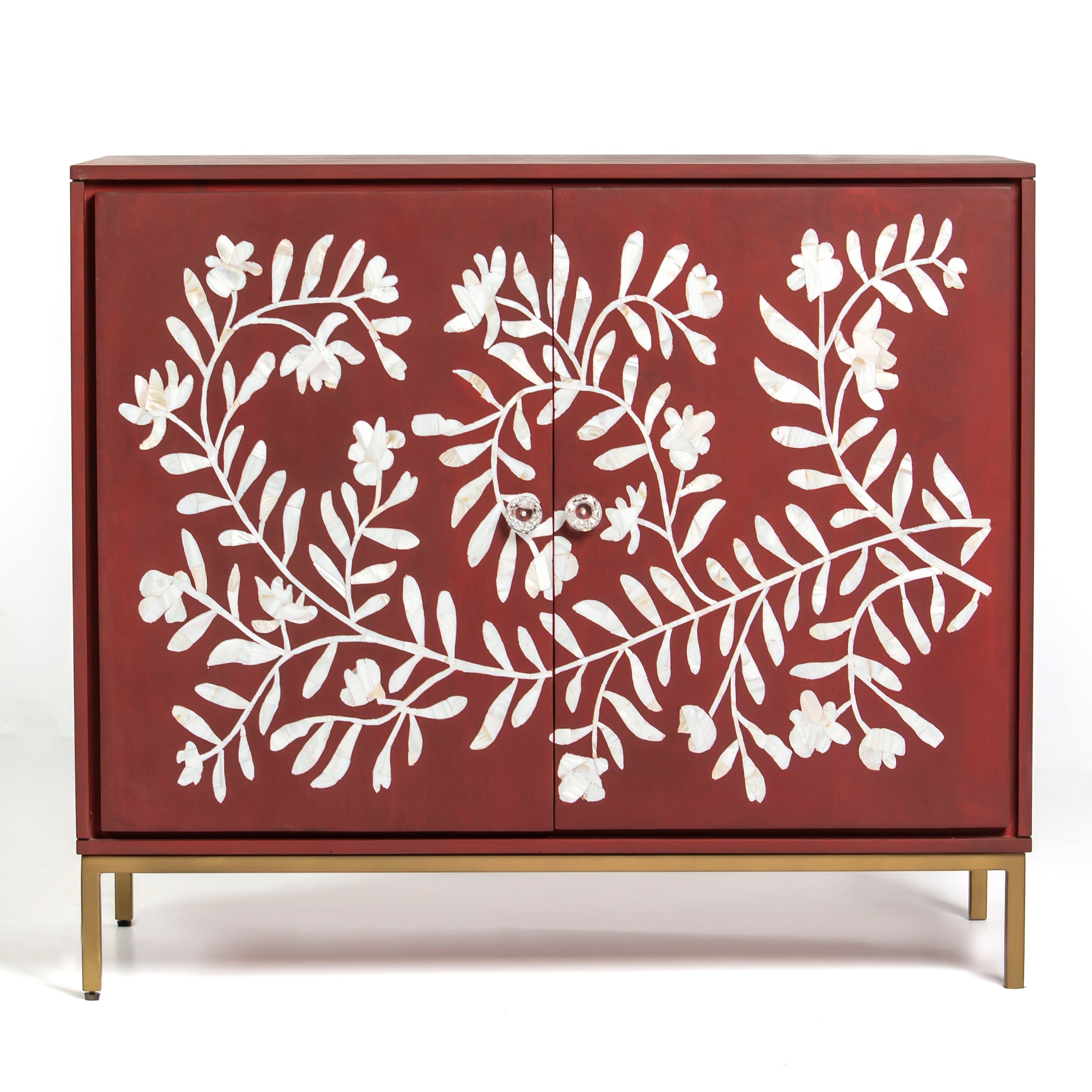 Mother of pearl inlay cabinet featuring intricate floral vine pattern in burgundy and white, handcrafted furniture piece