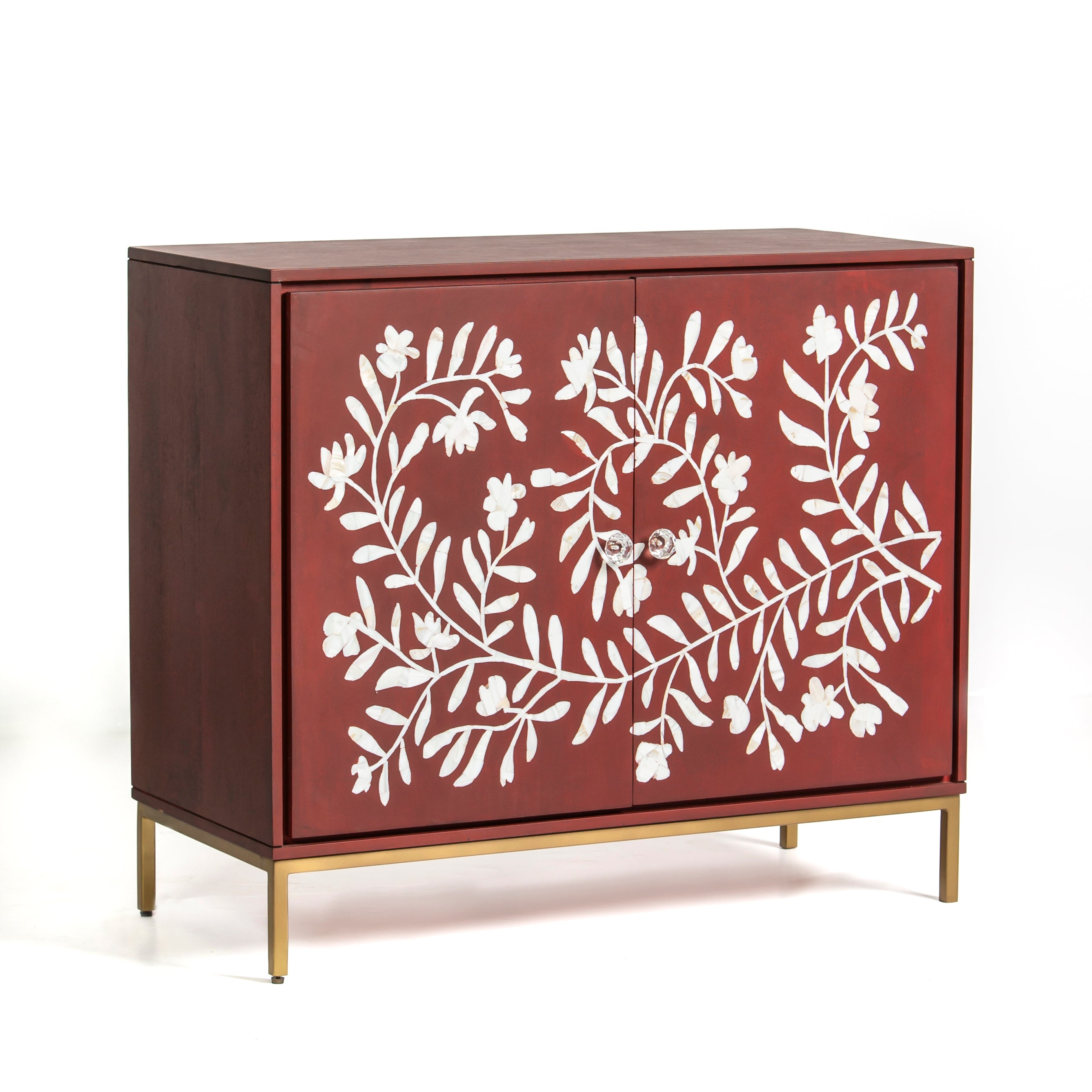 Mother of pearl inlay cabinet featuring intricate floral vine pattern in burgundy and white, handcrafted furniture piece