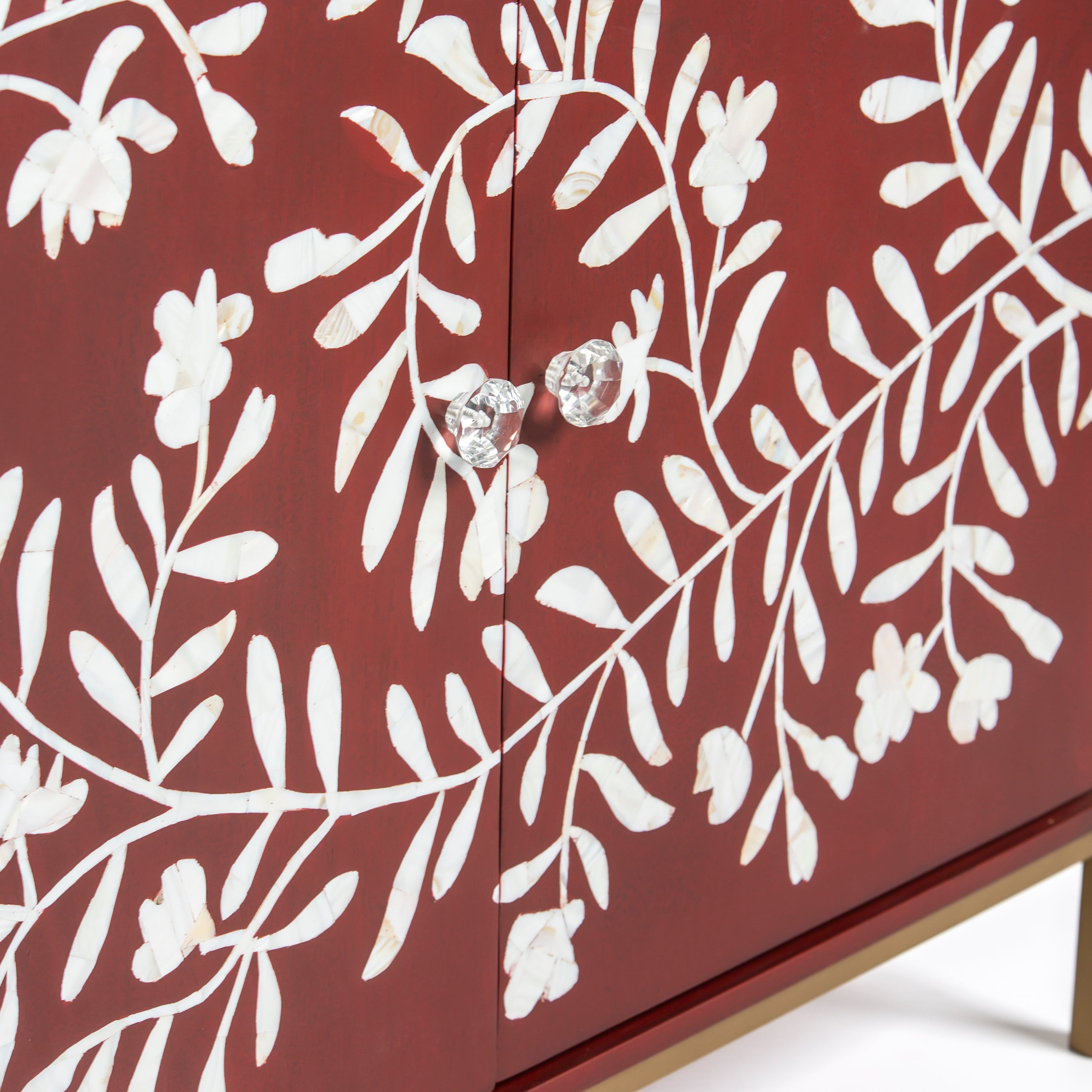 Mother of pearl inlay cabinet featuring intricate floral vine pattern in burgundy and white, handcrafted furniture piece