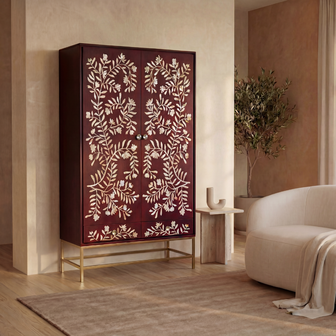 Mother of pearl inlay cabinet featuring intricate floral vine pattern in burgundy and white, handcrafted furniture piece
