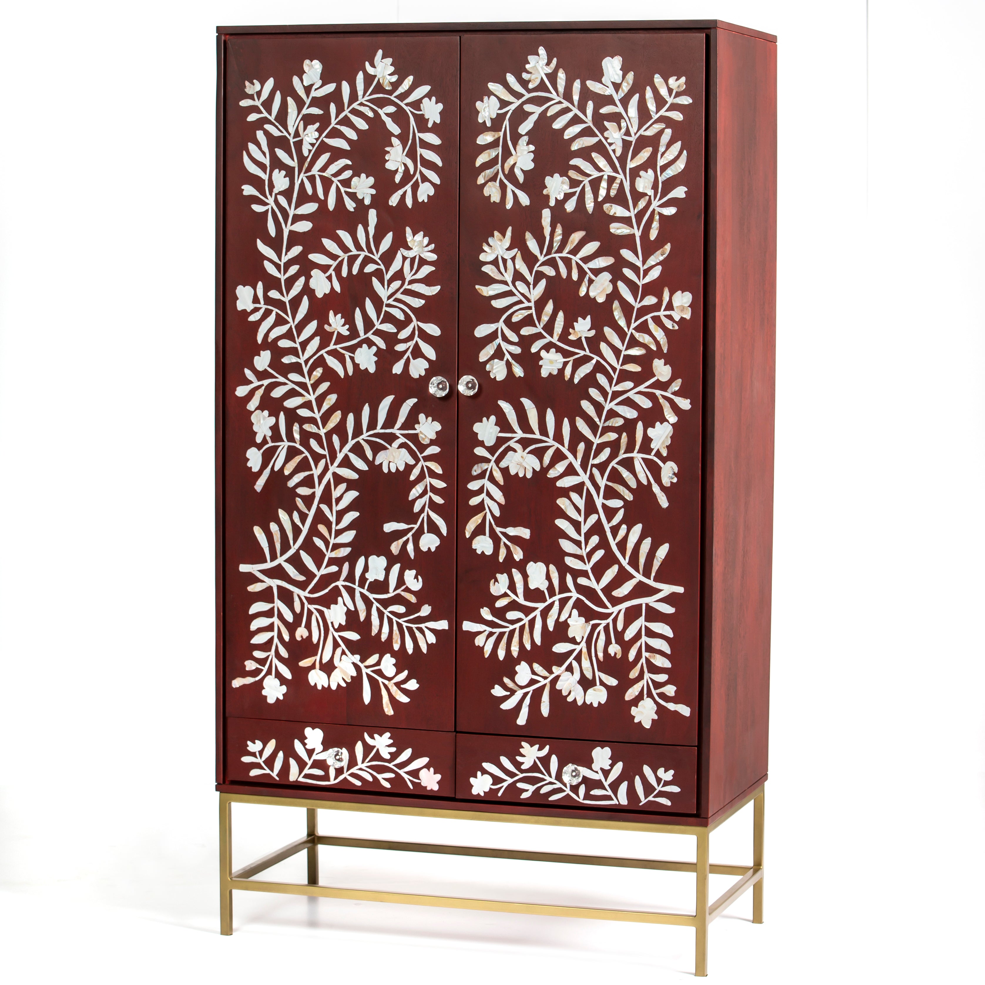 Mother of pearl inlay cabinet featuring intricate floral vine pattern in burgundy and white, handcrafted furniture piece