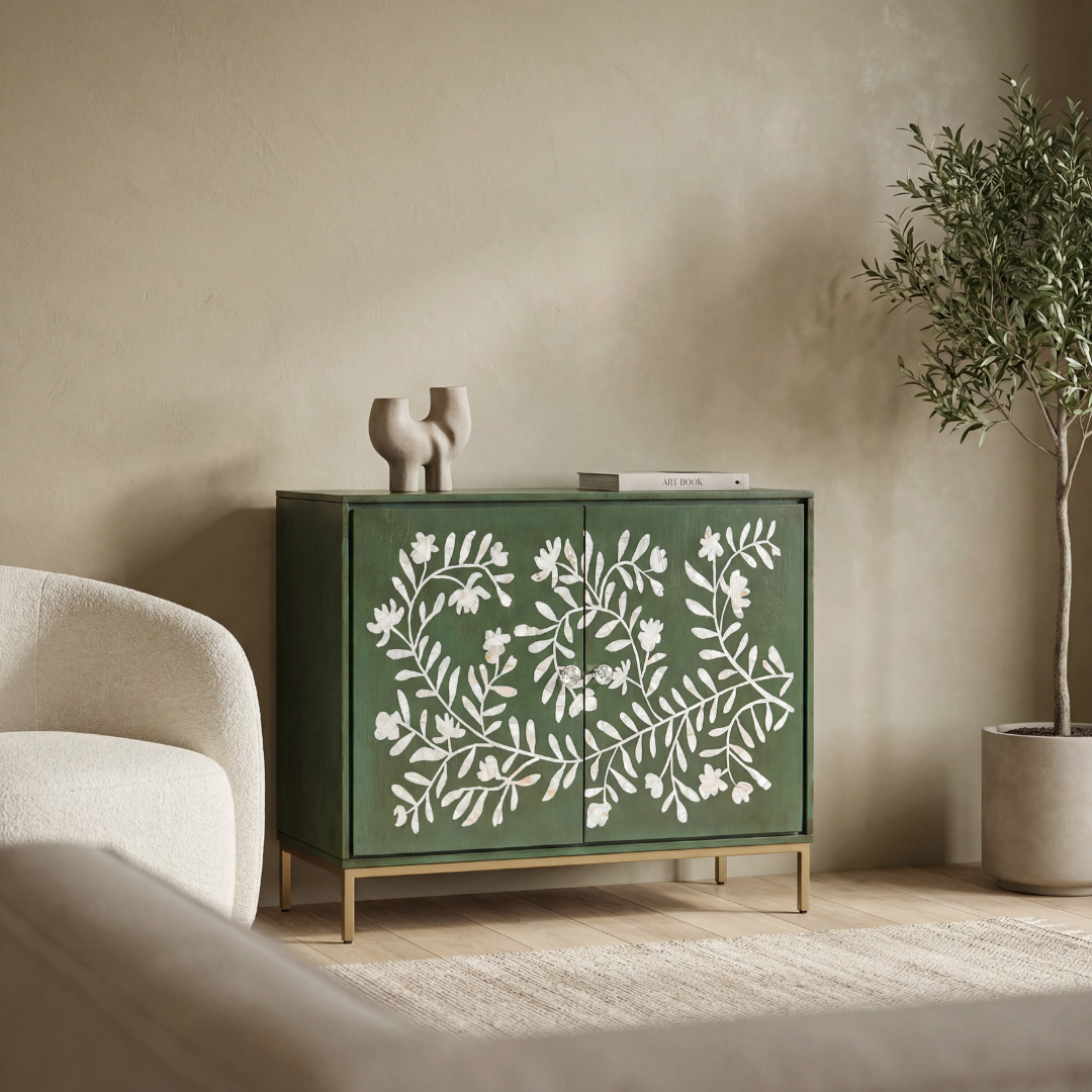 Mother of pearl inlay cabinet featuring intricate floral vine pattern in green and white, handcrafted furniture piece