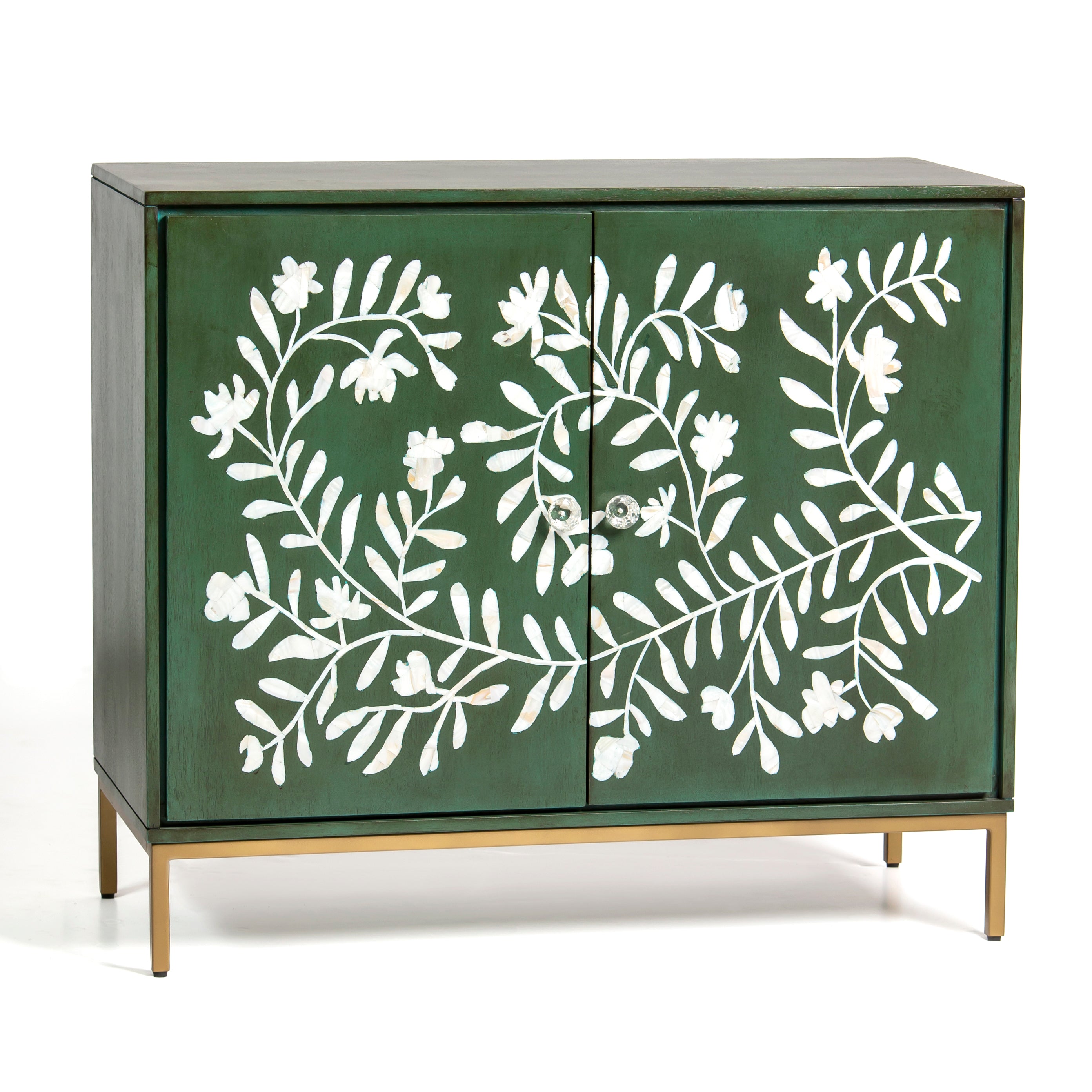 Mother of pearl inlay cabinet featuring intricate floral vine pattern in burgundy and white, handcrafted furniture piece