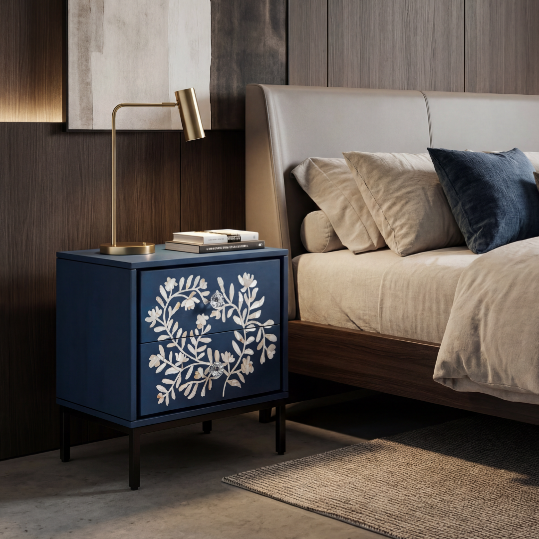 Blue mother of pearl inlay side drawer with floral pattern, handcrafted wooden bedside table with two drawers and metal base
