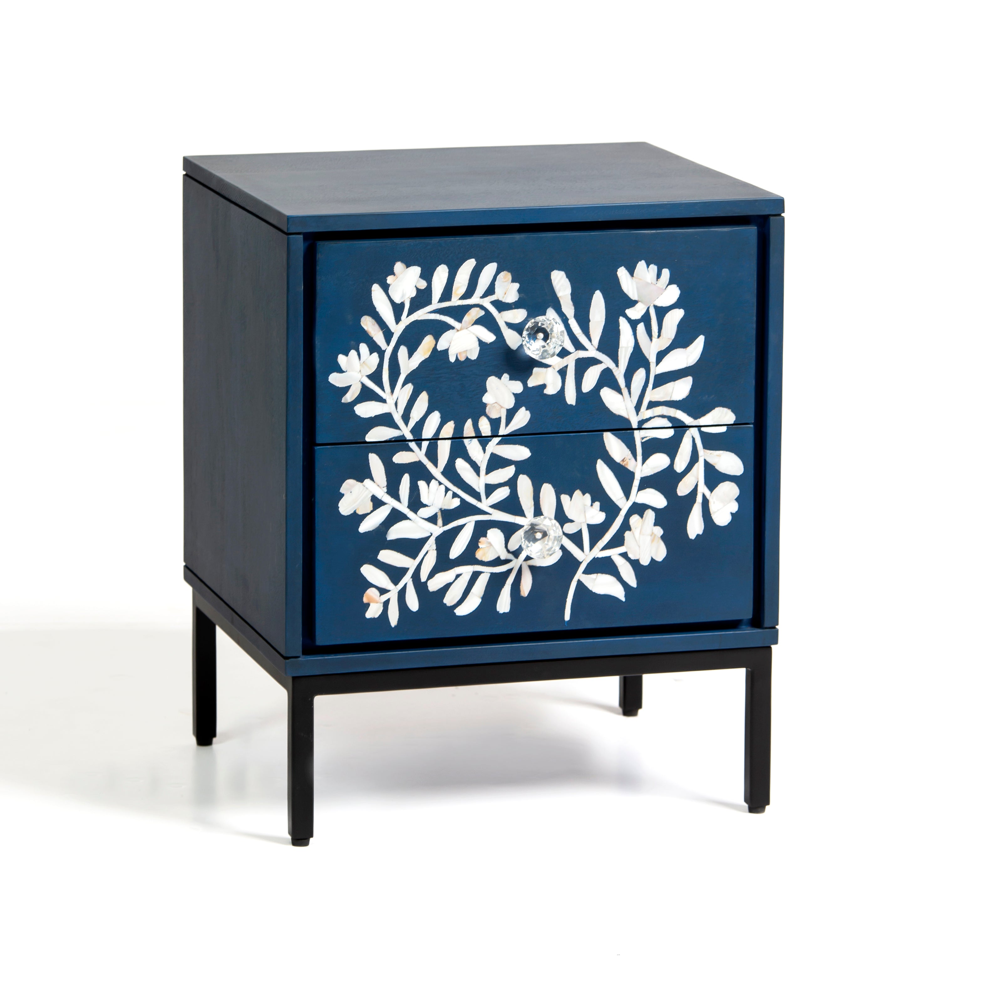 Blue mother of pearl inlay side drawer with floral pattern, handcrafted wooden bedside table with two drawers and metal base
