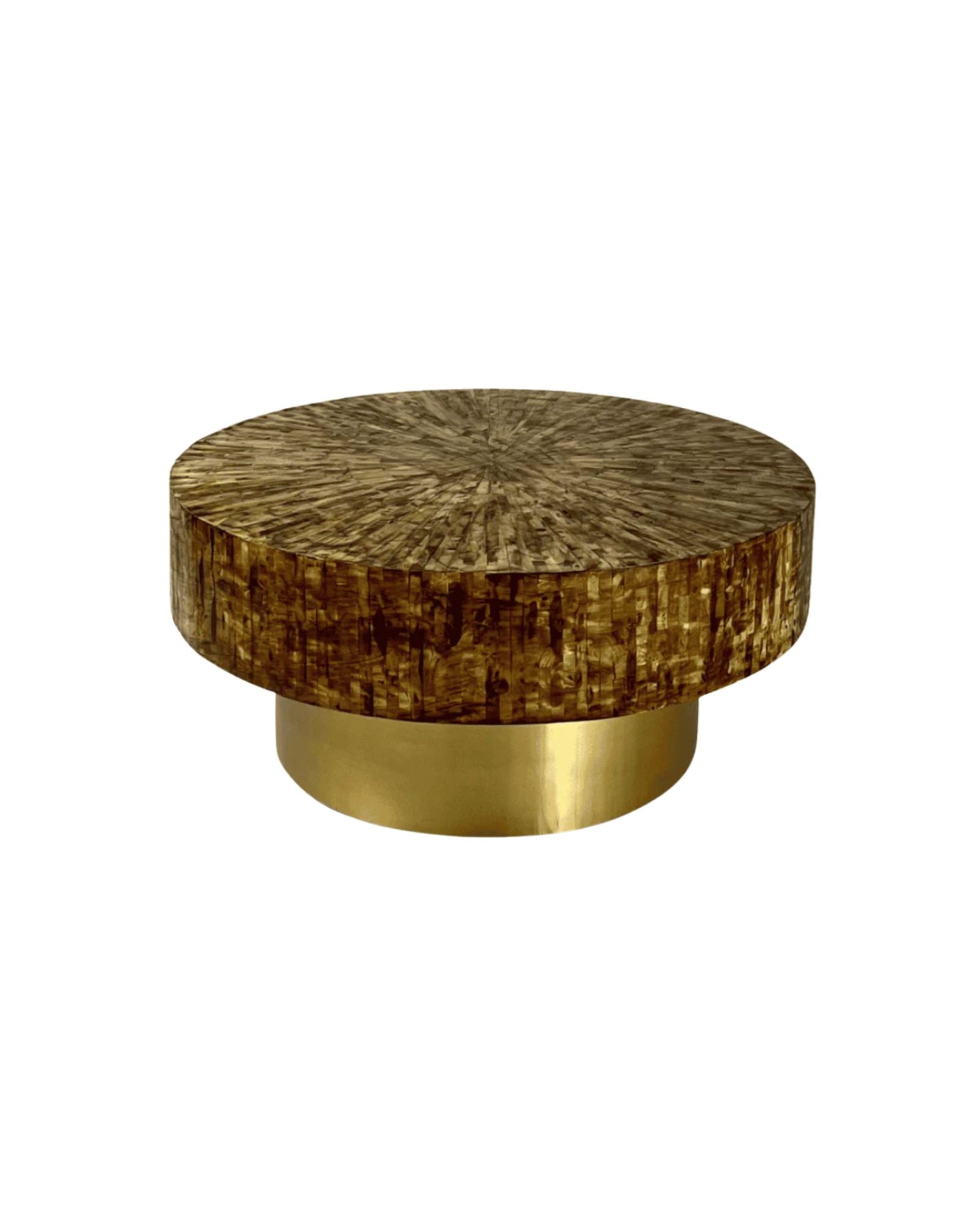 Round brown mother of pearl inlay coffee table.