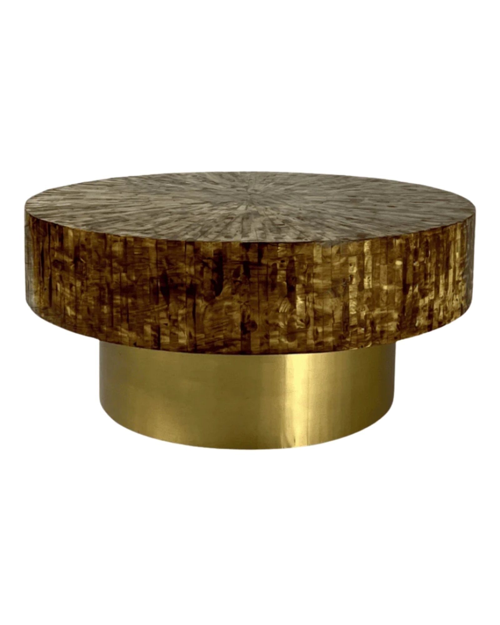 Round brown mother of pearl inlay coffee table.
