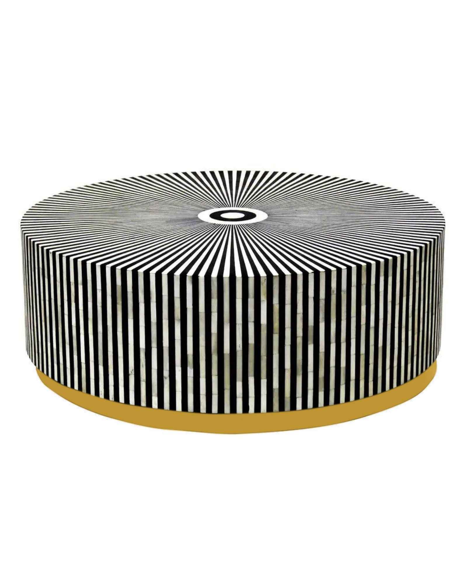 Manzil Coffee Table in black bone inlay with golden base, handcrafted with bold striped design, size 100x100x45 cm.