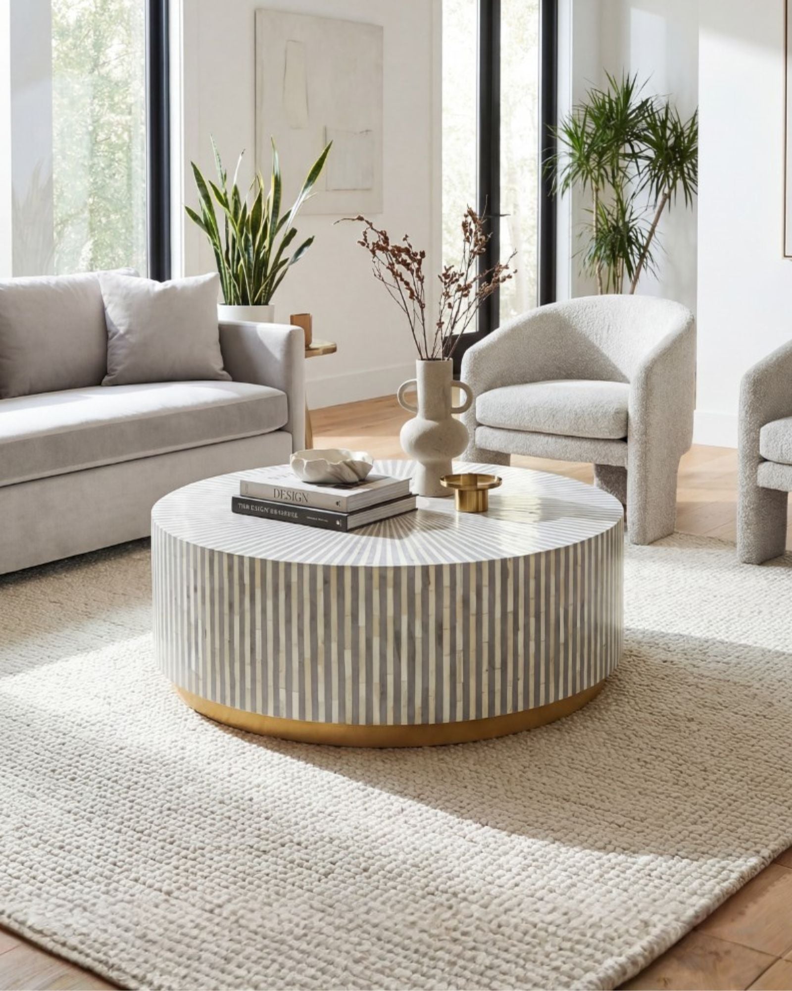 Manzil Coffee Table in grey bone inlay with golden base, handcrafted with bold striped design, size 100x100x45 cm.