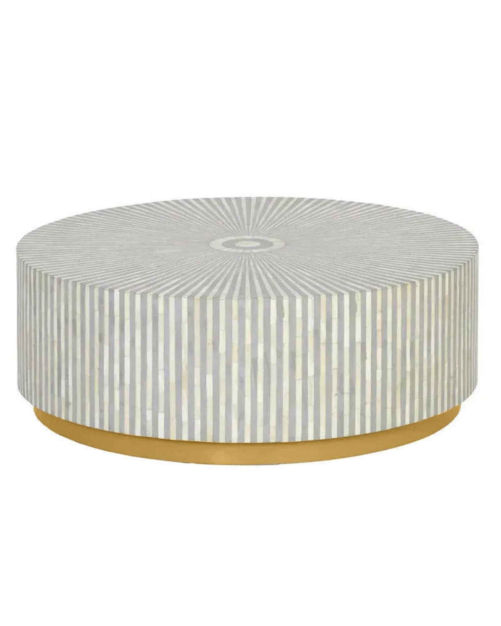 Manzil Coffee Table in grey bone inlay with golden base, handcrafted with bold striped design, size 100x100x45 cm.