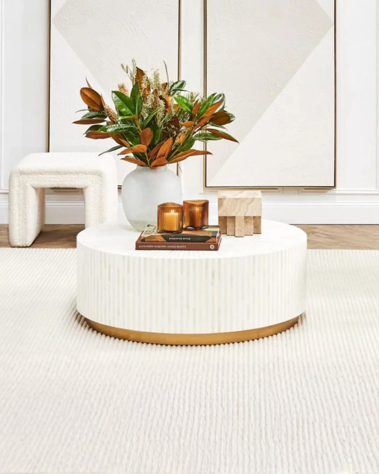 Manzil Coffee Table in black bone inlay with golden base, handcrafted with bold striped design, size 100x100x45 cm.