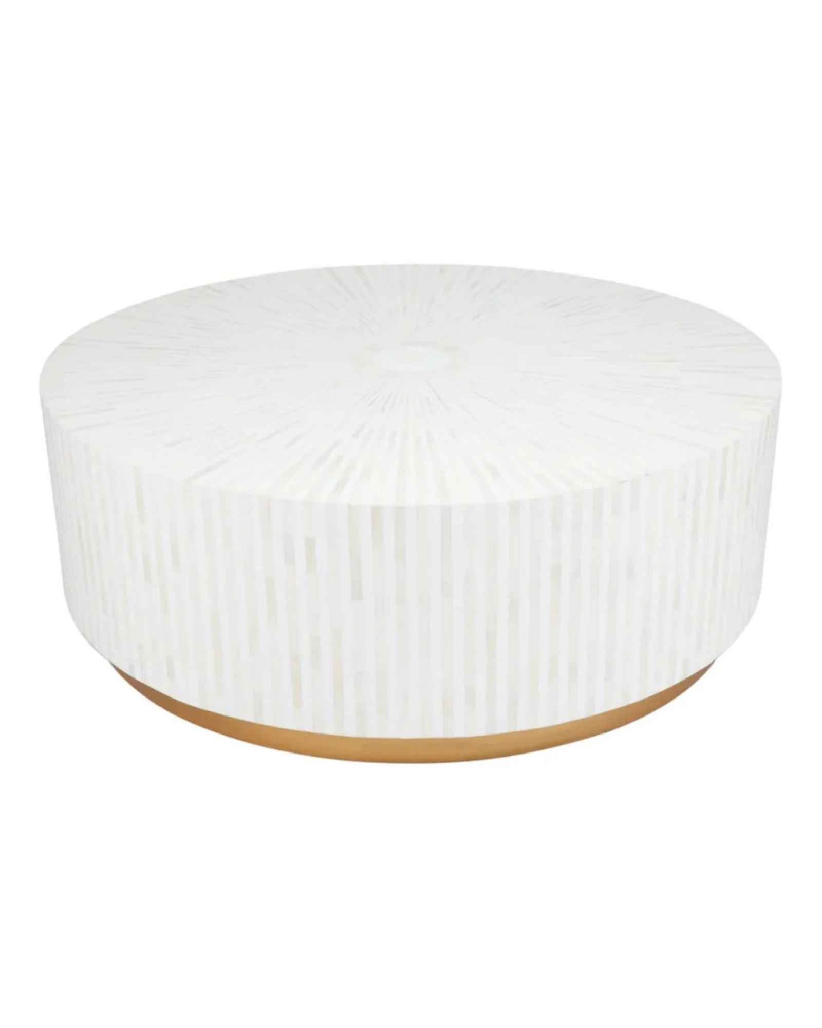 Manzil Coffee Table in black bone inlay with golden base, handcrafted with bold striped design, size 100x100x45 cm.