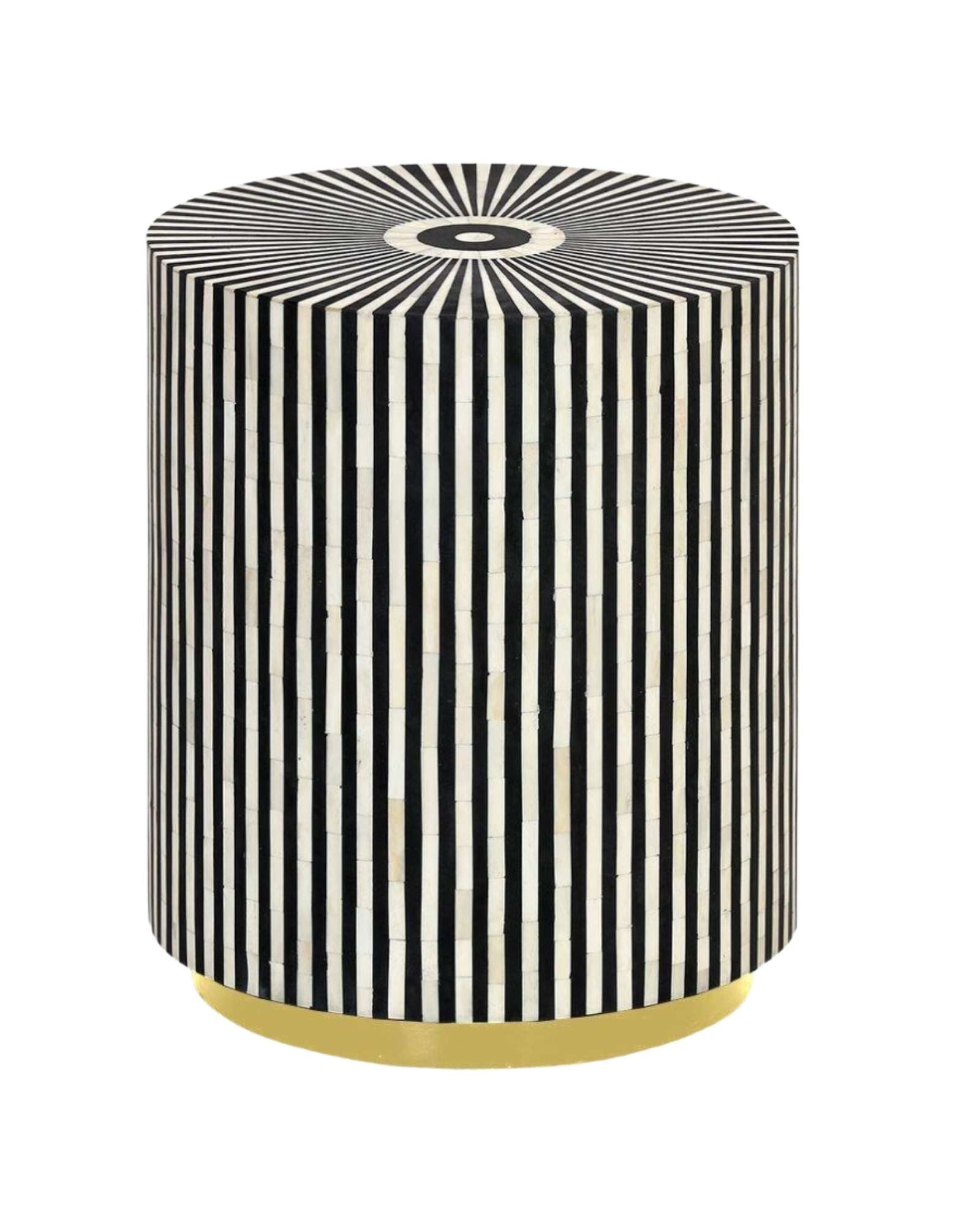 Black bone inlay side table with a striking striped pattern and round top, adding elegance.