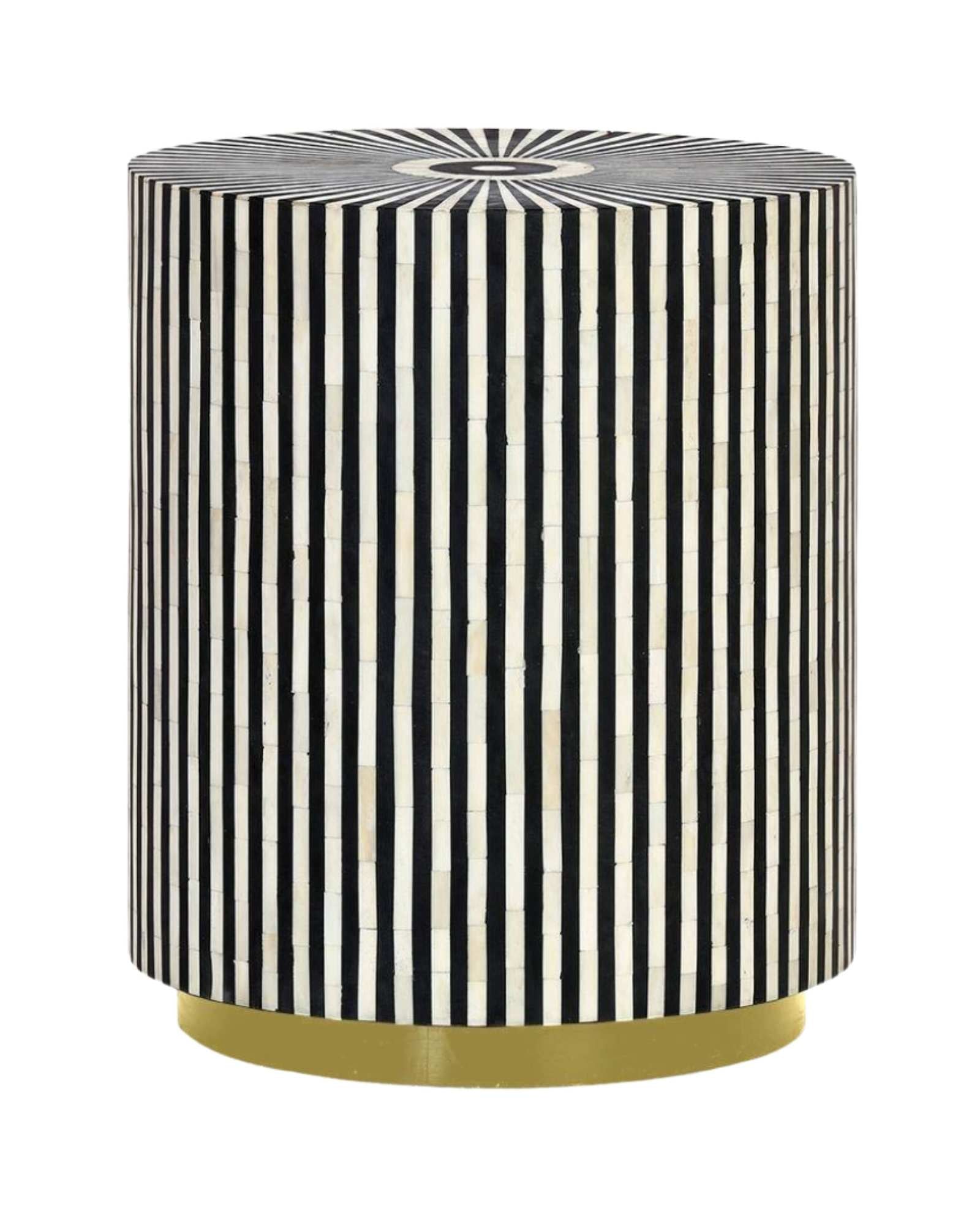 Black bone inlay side table with a striking striped pattern and round top, adding elegance.
