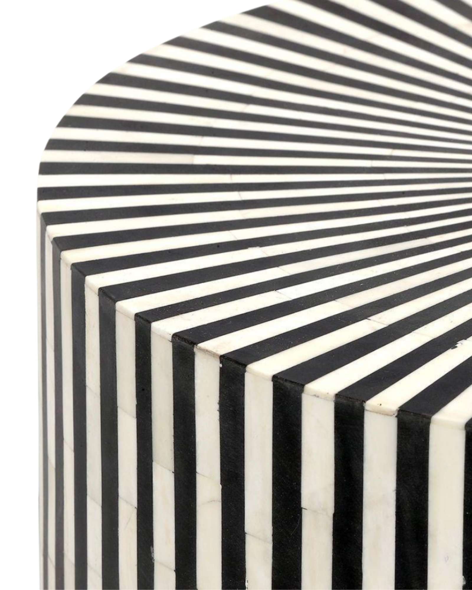Black bone inlay side table with a striking striped pattern and round top, adding elegance.