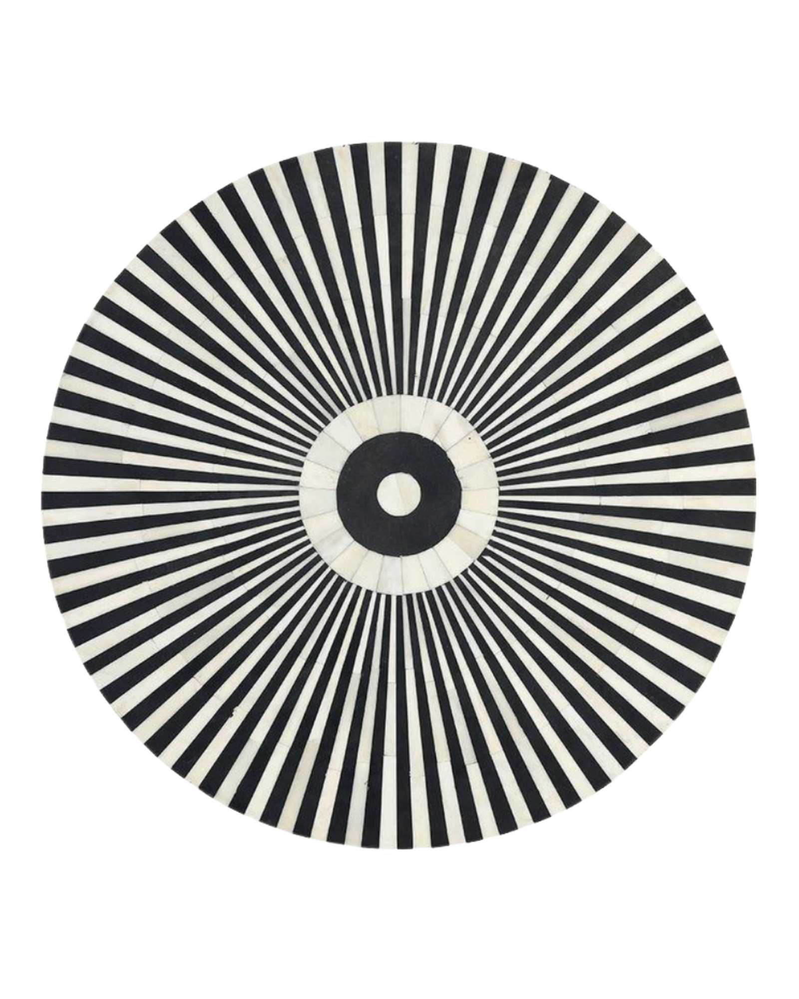 Black bone inlay side table with a striking striped pattern and round top, adding elegance.