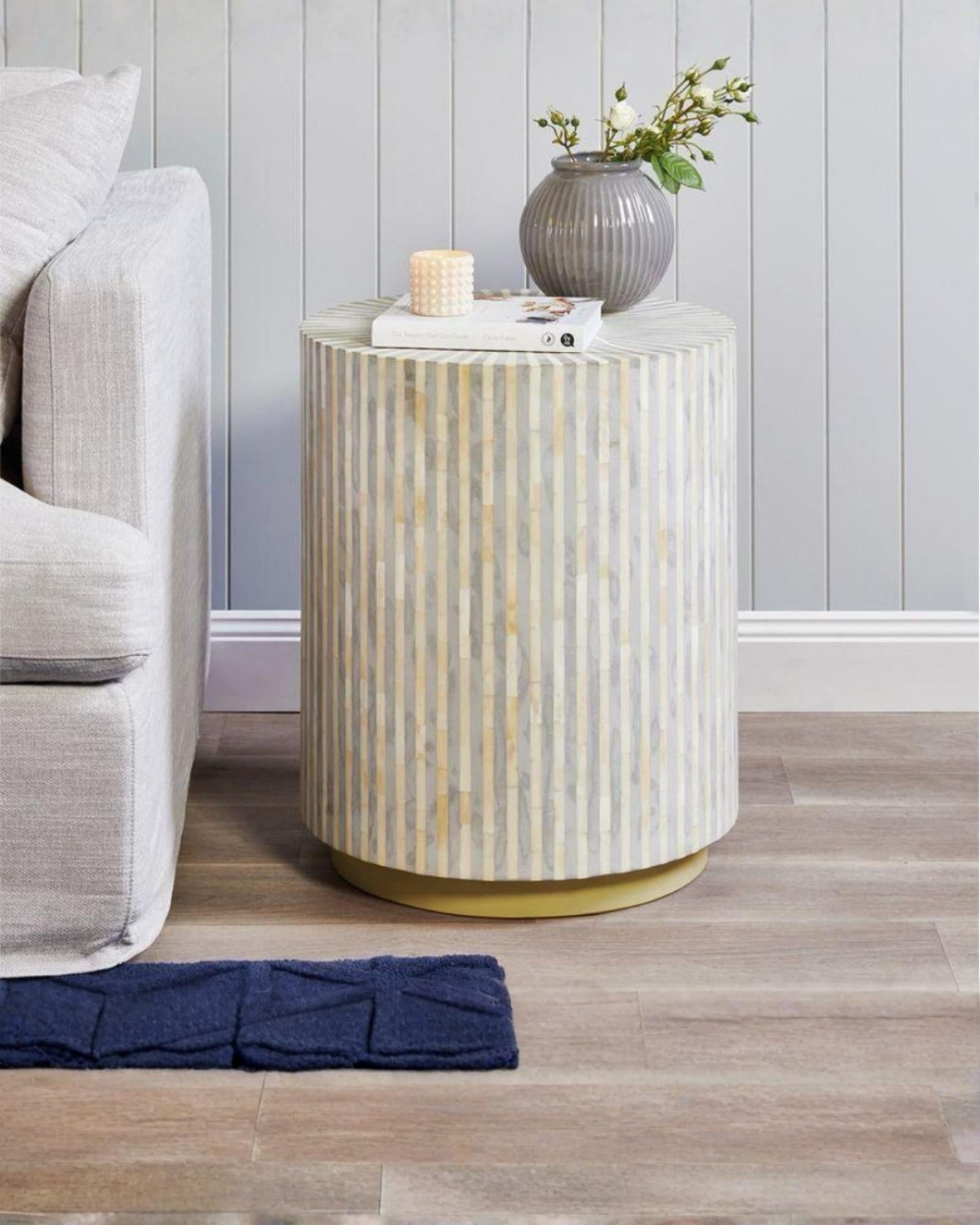 Handcrafted grey bone inlay side table with a striped pattern, adding elegance and style to any living space. Unique artisanal design.