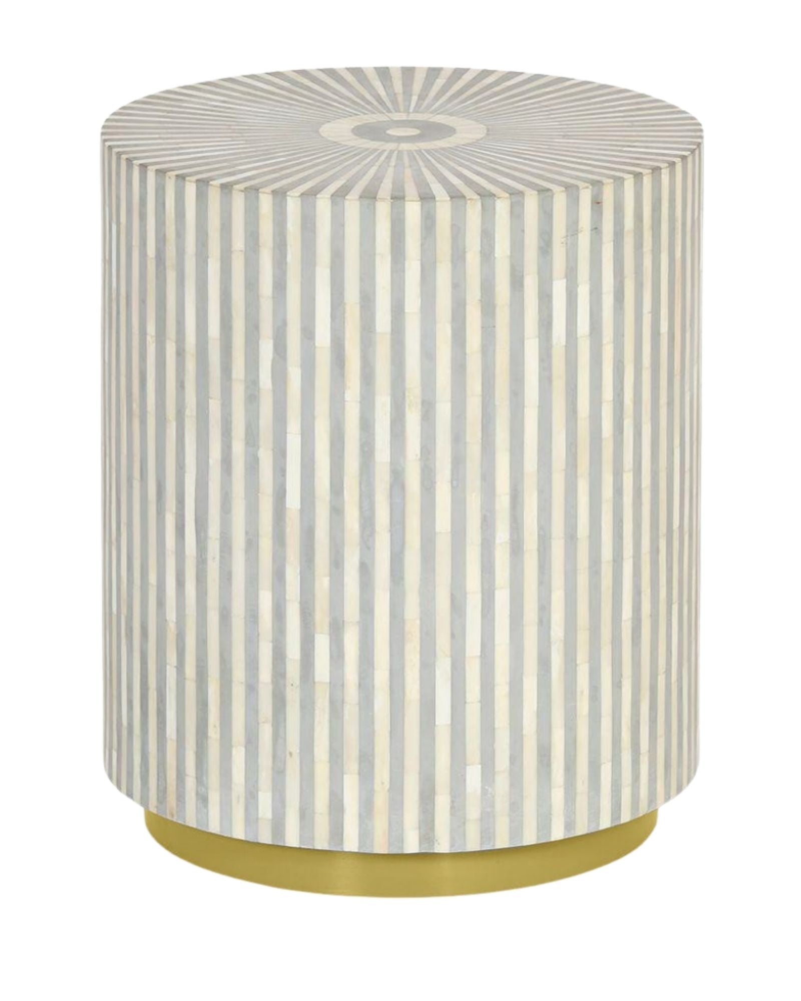 Handcrafted grey bone inlay side table with a striped pattern, adding elegance and style to any living space. Unique artisanal design.
