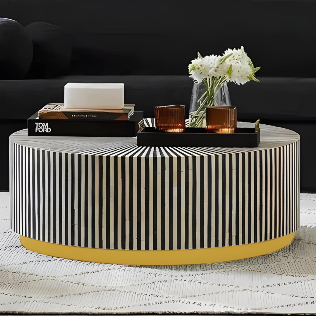 Manzil Coffee Table in black bone inlay with golden base, handcrafted with bold striped design, size 100x100x45 cm.