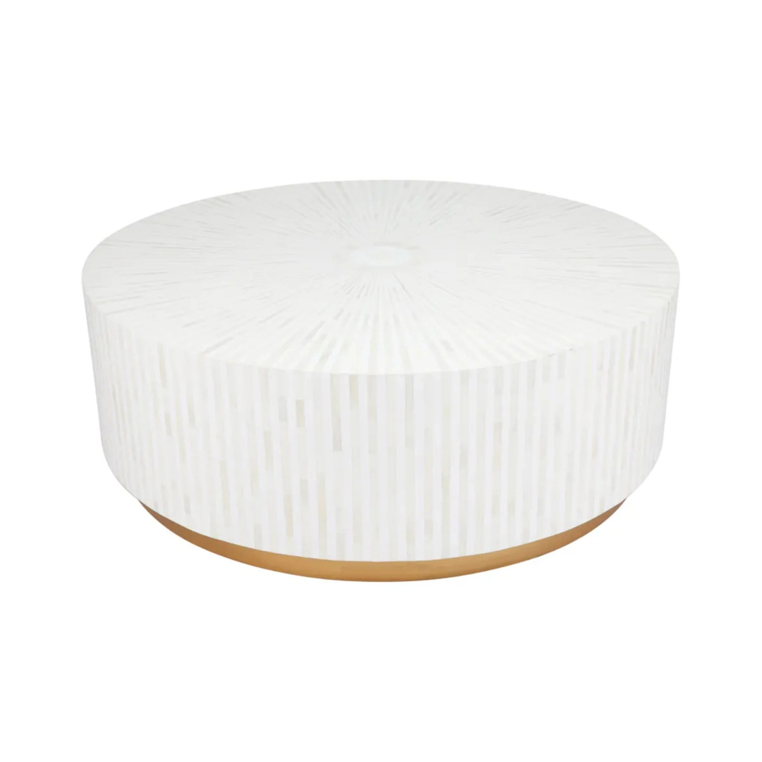 Manzil Coffee Table in black bone inlay with golden base, handcrafted with bold striped design, size 100x100x45 cm.