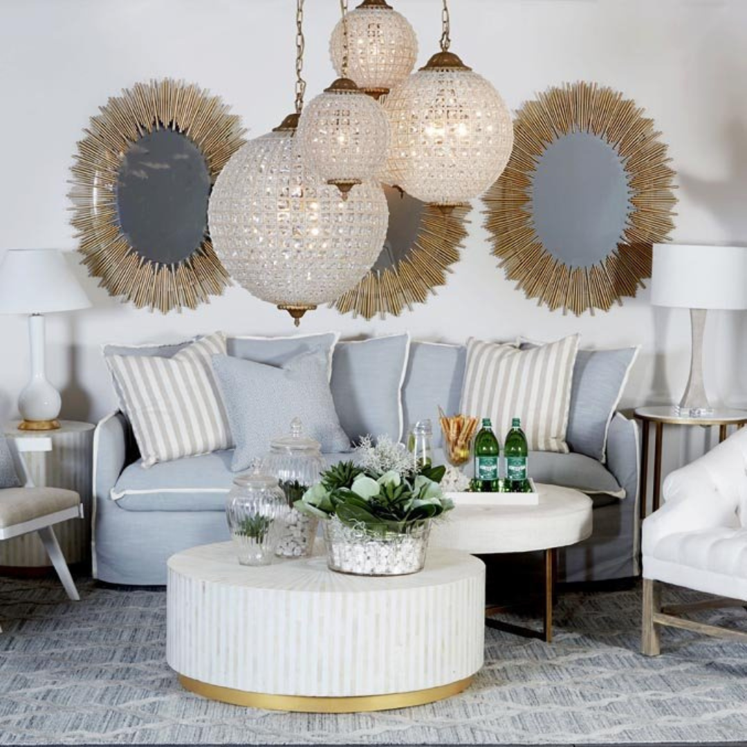 Manzil Coffee Table in black bone inlay with golden base, handcrafted with bold striped design, size 100x100x45 cm.