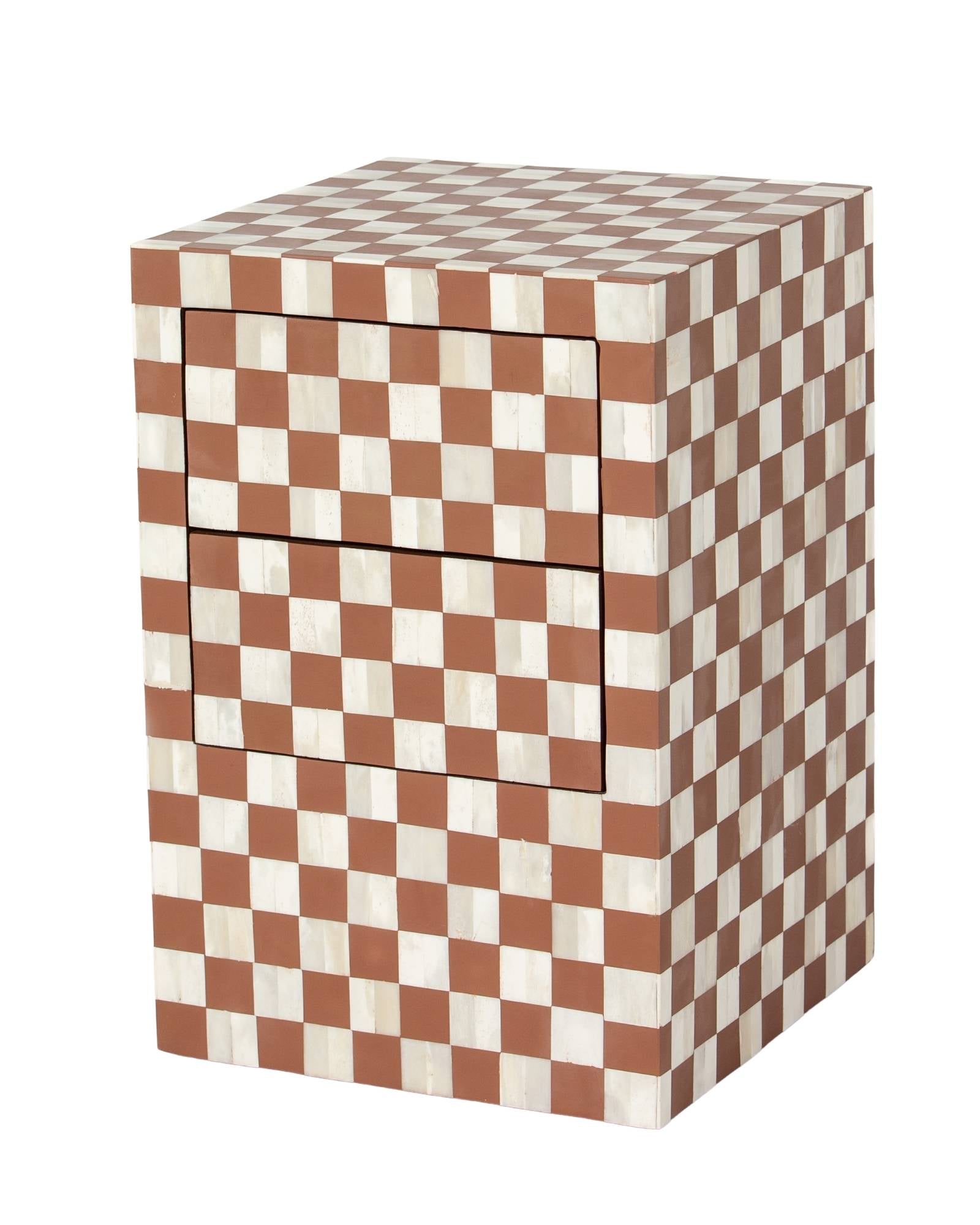 Handcrafted almond bone inlay side drawer by Tabeer Homes, made from mango wood in a checkerboard pattern with artisan detailing.