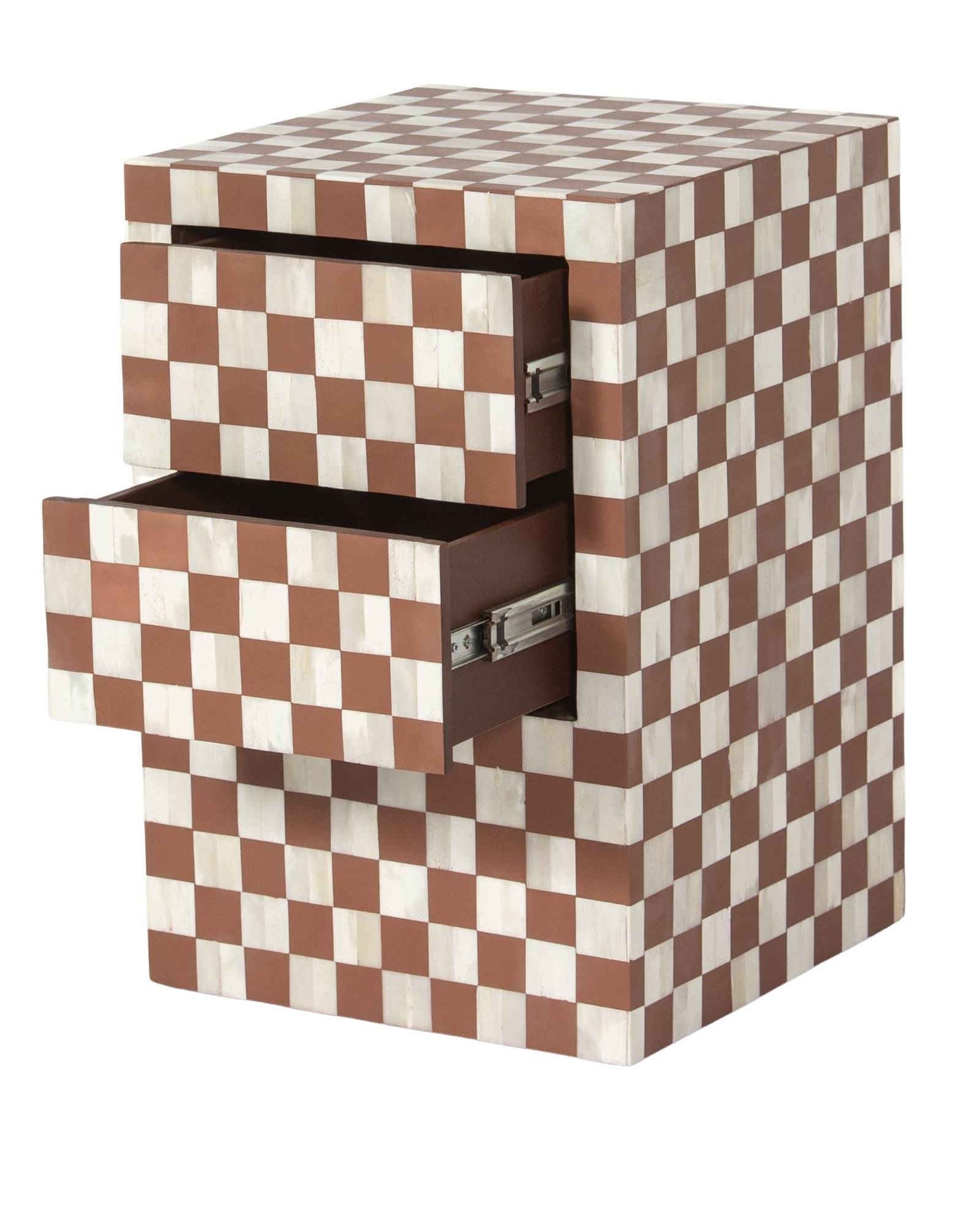 Handcrafted almond bone inlay side drawer by Tabeer Homes, made from mango wood in a checkerboard pattern with artisan detailing.