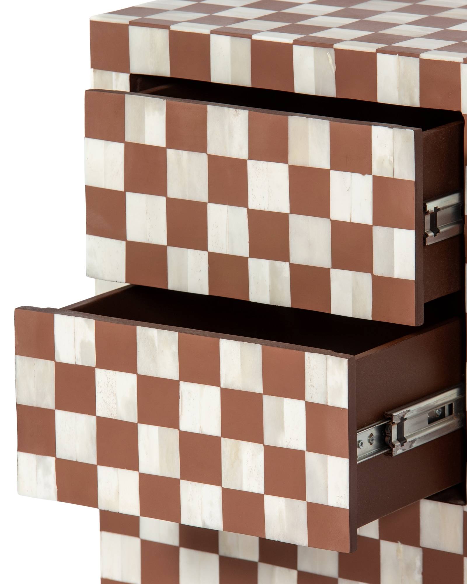Handcrafted almond bone inlay side drawer by Tabeer Homes, made from mango wood in a checkerboard pattern with artisan detailing.