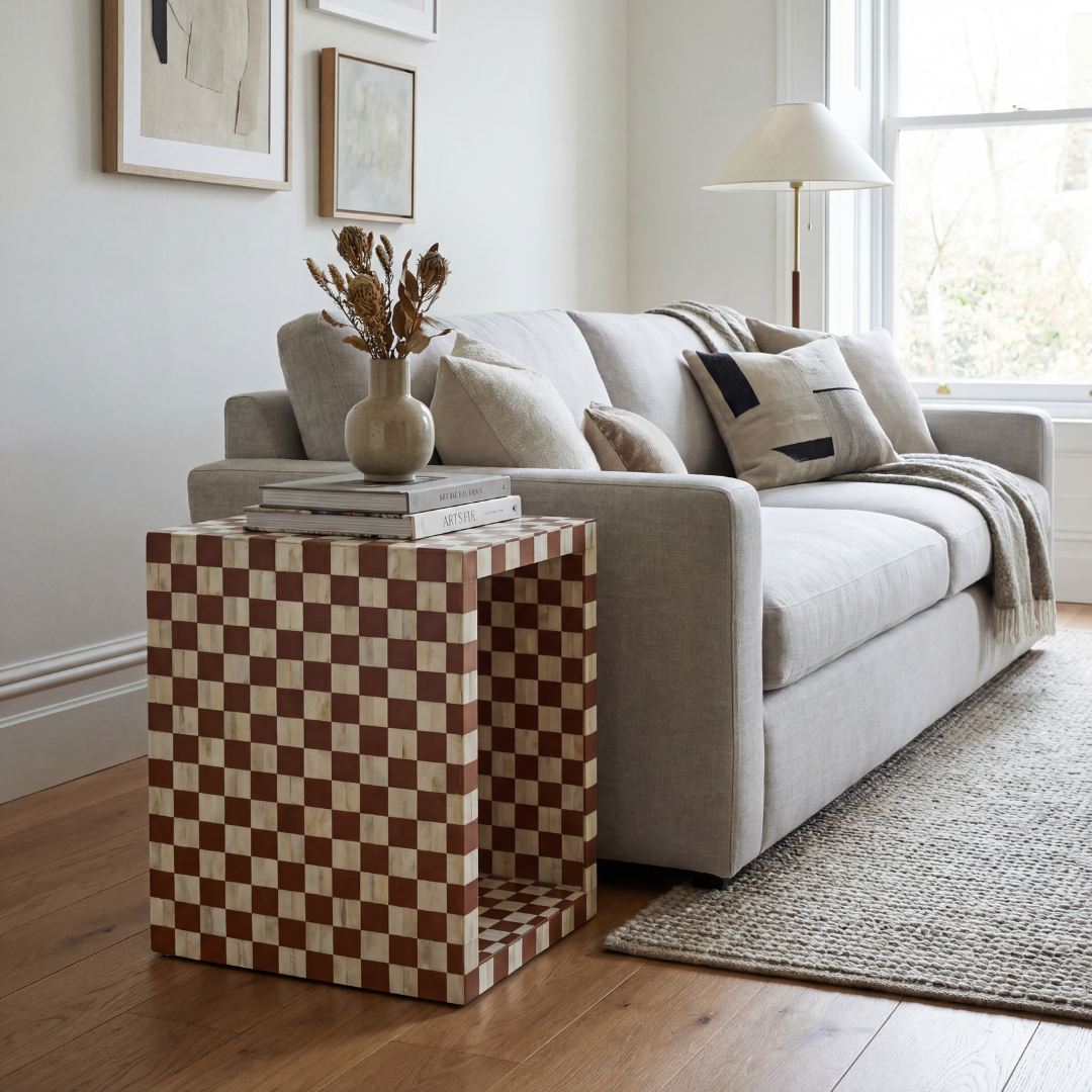 Handcrafted almond and white bone inlay side table, artisan-made heirloom by Tabeer Homes furniture with global delivery.