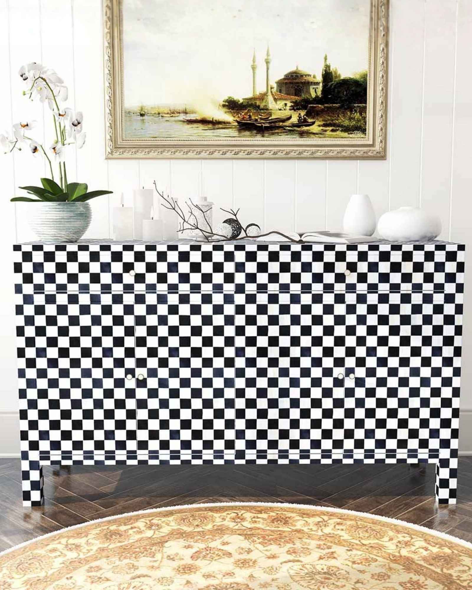 Maze Sideboard Cabinet - Black & White Bone Inlay - Tabeer Homes