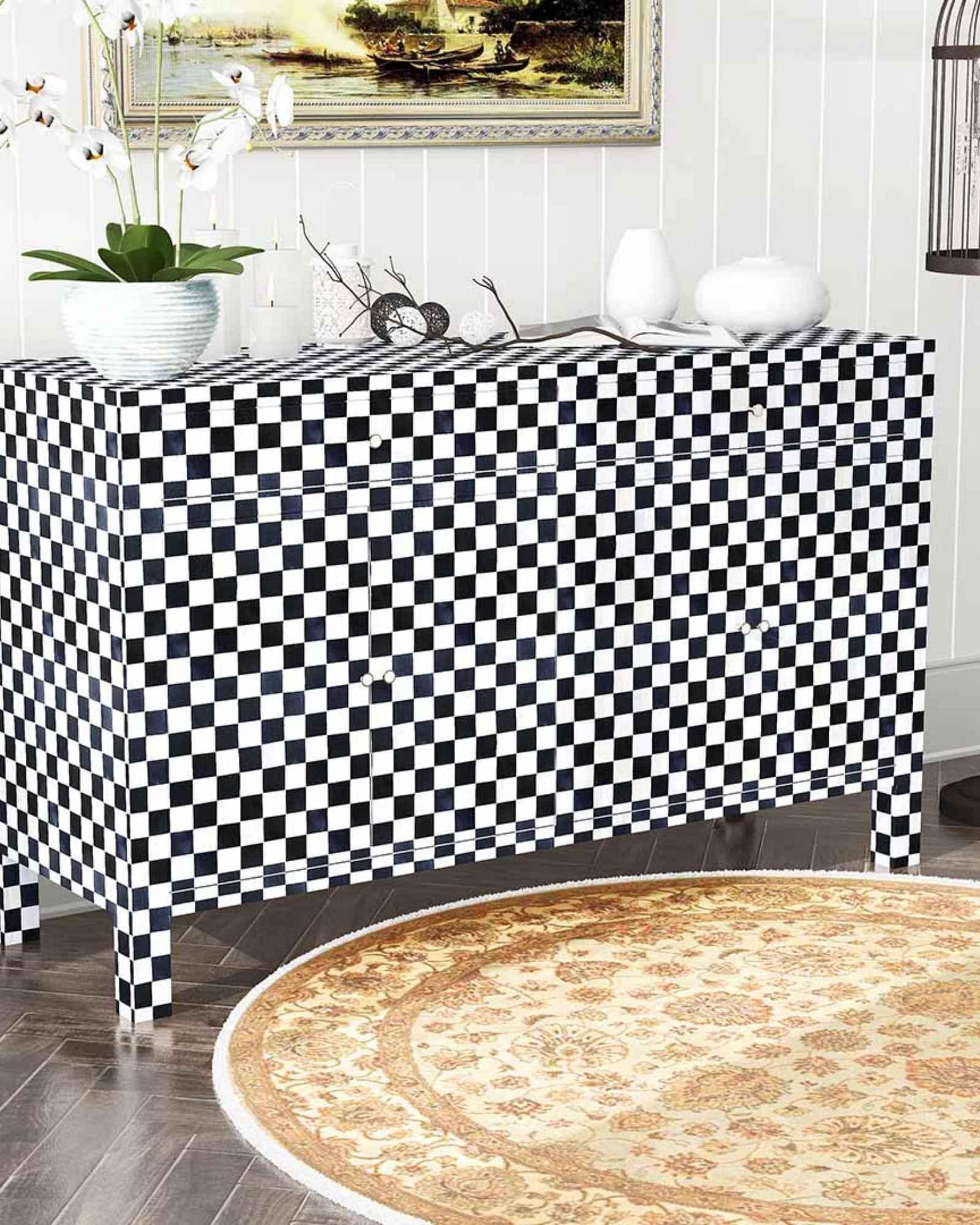 Maze Sideboard Cabinet - Black & White Bone Inlay - Tabeer Homes