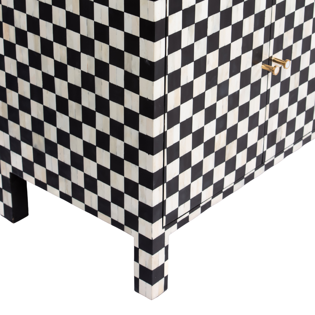 Black and white bone inlay sideboard with checkerboard pattern, featuring multiple drawers and a sleek design.