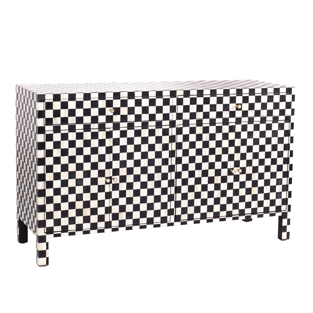 Black and white bone inlay sideboard with checkerboard pattern, featuring multiple drawers and a sleek design.
