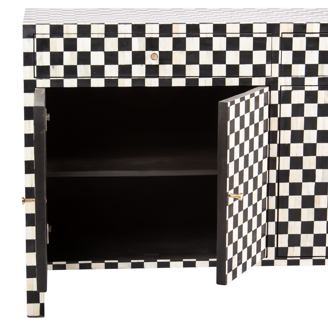 Black and white bone inlay sideboard with checkerboard pattern, featuring multiple drawers and a sleek design.