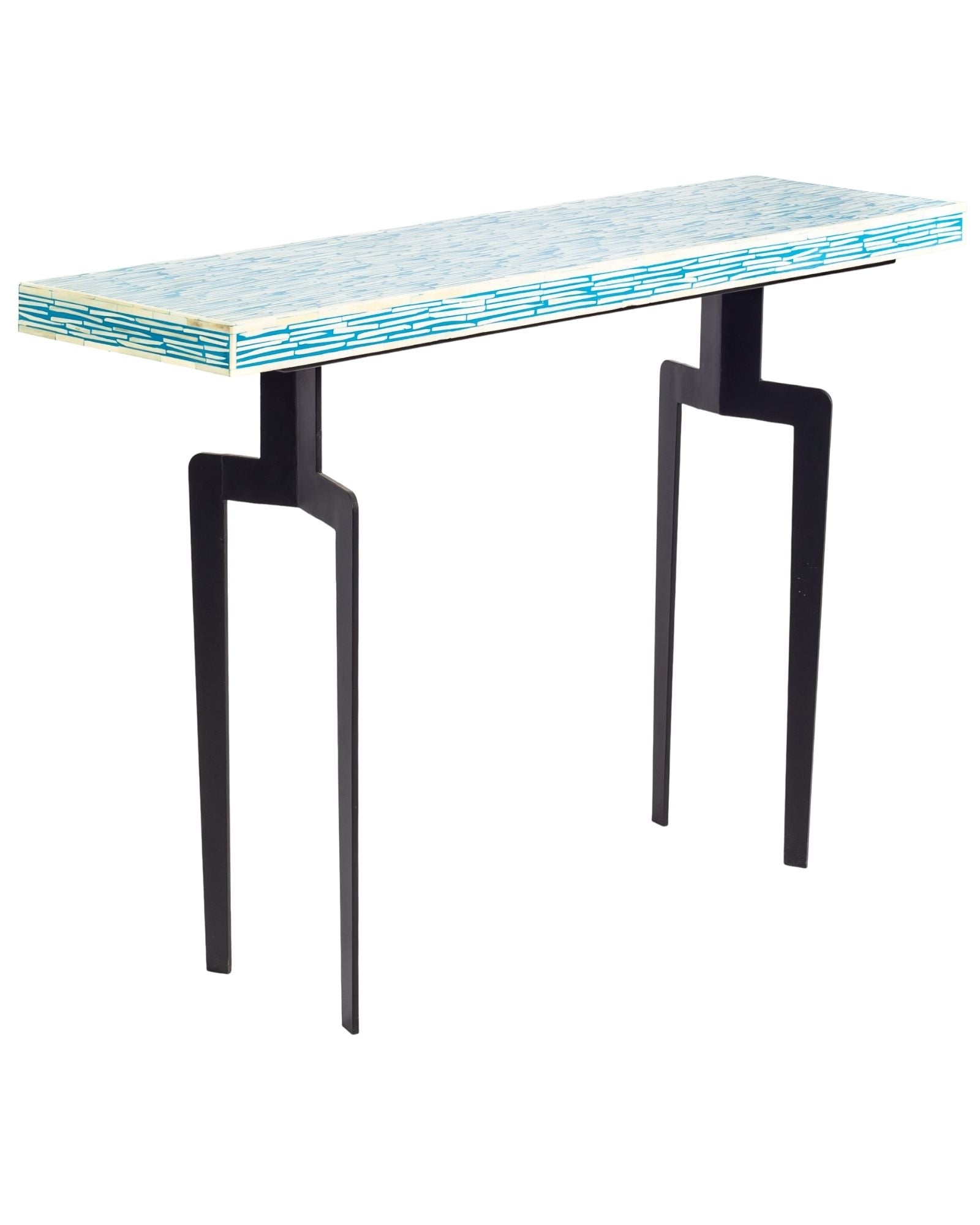 Modern console table with a blue and white patterned top on a white background.